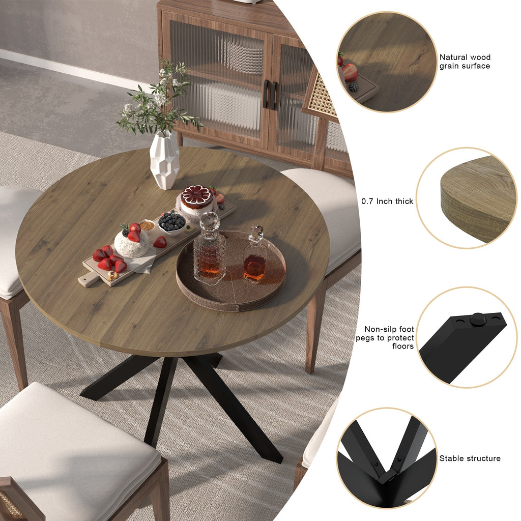 Modern 31.5 Inch Round Dining Table in Rustic Brown with Black Metal Legs, MDF Top for 2-4 People, Compact Kitchen or Dining Room Table - Grand Goldman Shop