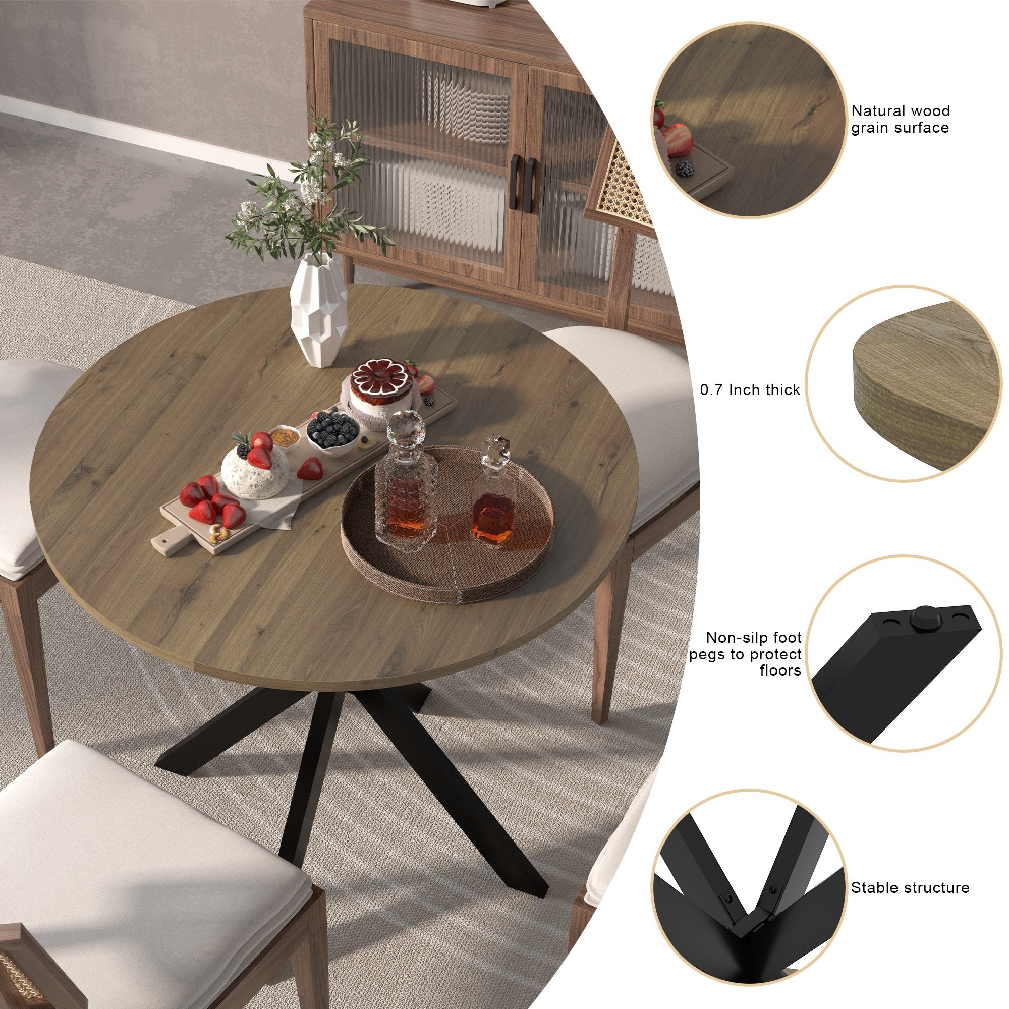 Modern 31.5 Inch Round Dining Table in Rustic Brown with Black Metal Legs, MDF Top for 2-4 People, Compact Kitchen or Dining Room Table - Grand Goldman Shop