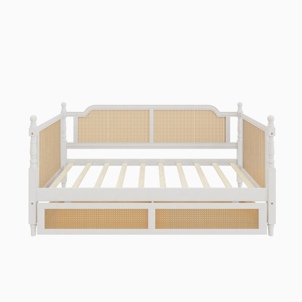 Traditional Style Rattan Twin Size Daybed with 2 Drawers, Antique White, Solid Pine Wood & MDF - Grand Goldman Shop