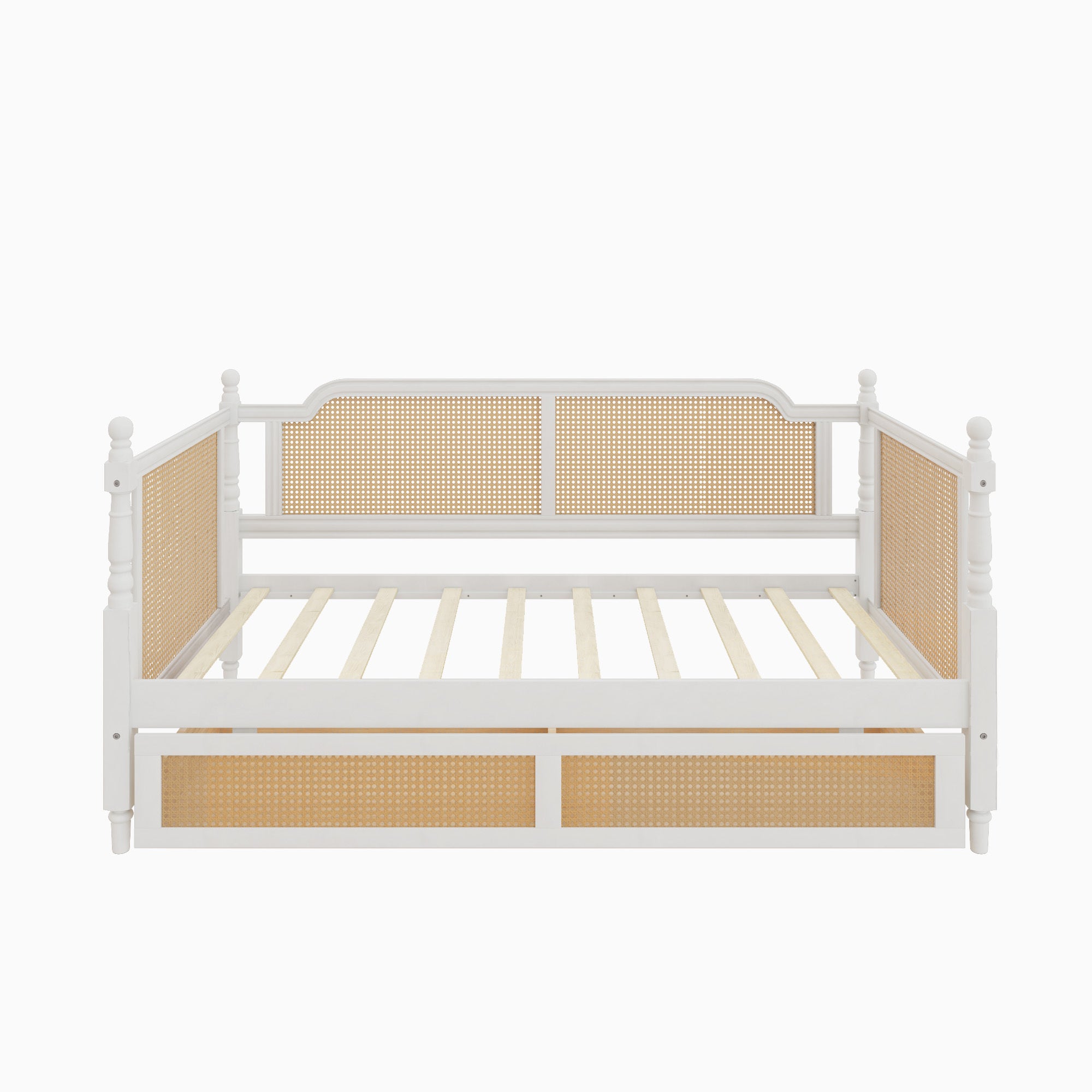 Traditional Style Rattan Twin Size Daybed with 2 Drawers, Antique White, Solid Pine Wood & MDF - Grand Goldman Shop