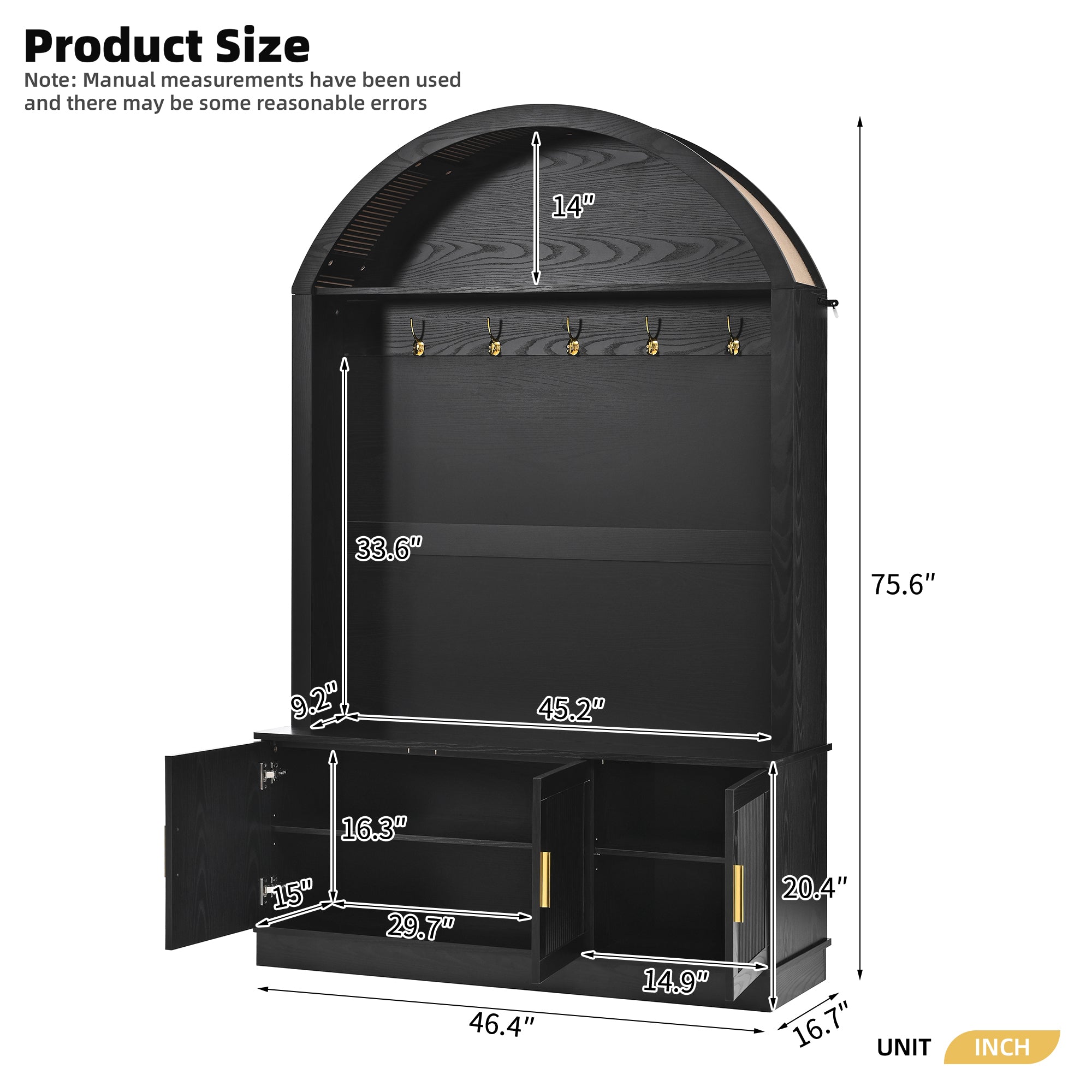 Farmhouse Fabric Arched Top Hall Tree with 5 Metal Hooks, All-in-One Mudroom Furniture with Adjustable Shelves, Mid-Century Fluted Door Entryway Bench with Wood Grain Finish for Hallway, Black - Grand Goldman Shop