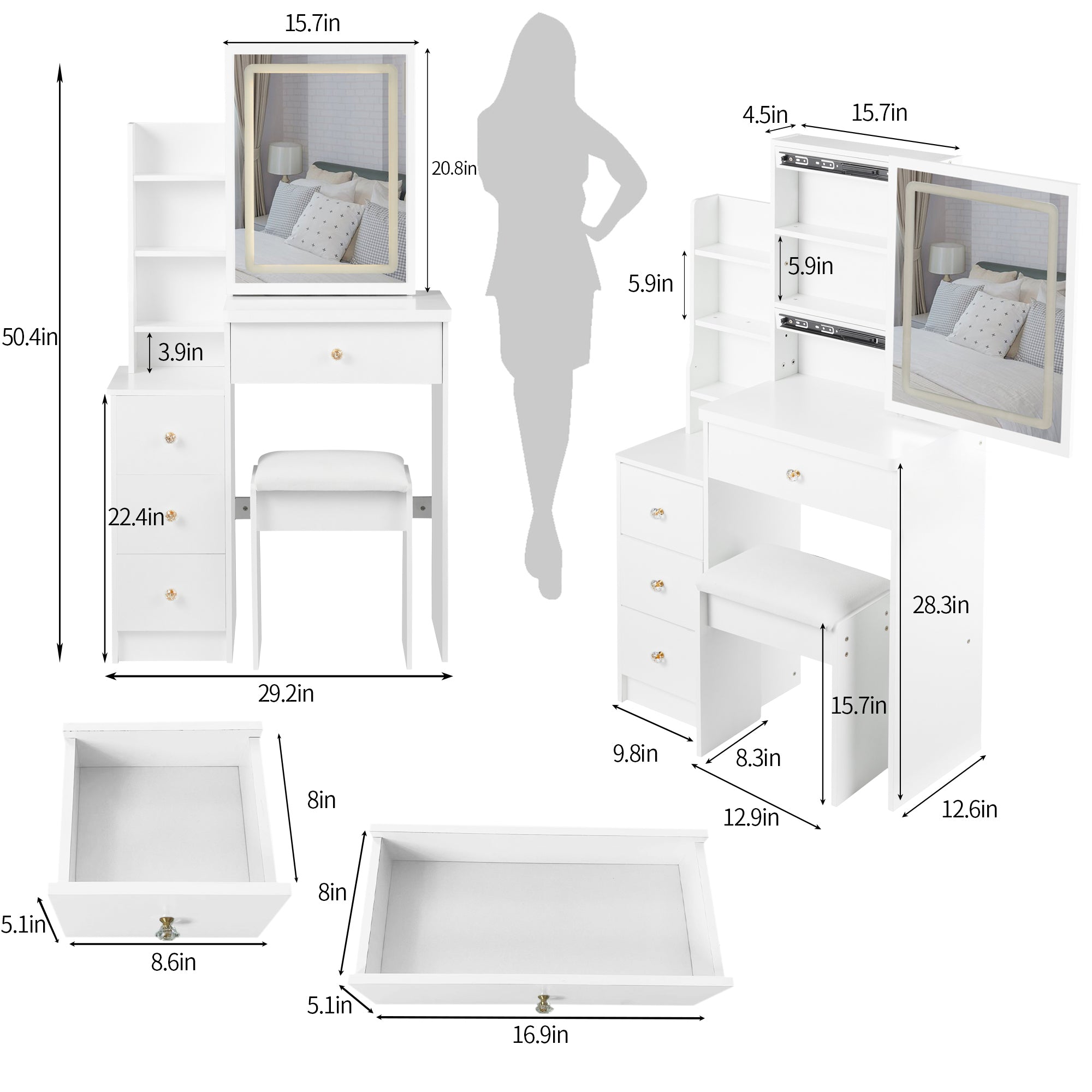29.2' Small Size Left Bedside Cabinet LED Mirror Vanity Table + Cushioned Stool, Large Sliding, Touch Control, 3-color Switch, Brightness Adjust Mirror, High Capacity Storage, EPA, GCC, UL Certificate - Grand Goldman Shop