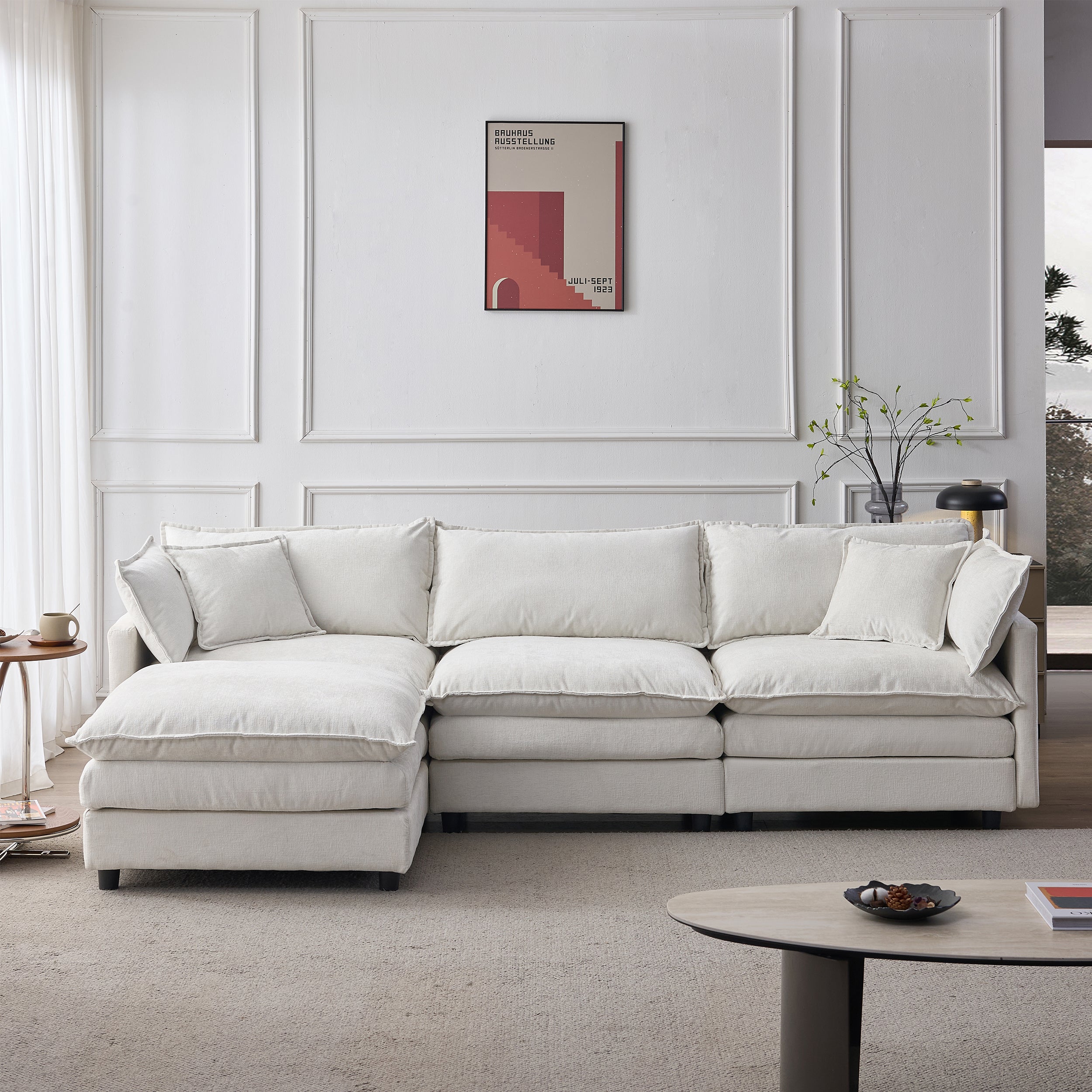 105' Modular Sectional Couch,Upholstered Soft Chenille Fabric Sofa,3 Seater with Ottoman L Shape Sofa Beige - Grand Goldman Shop