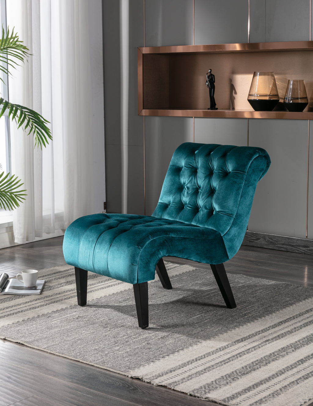COOLMORE Modern Velvet Armless Accent Living Room Chair / Leisure Chair,Upholstered Fabric Button Comfortable Chair with Wooden Legs for Bedroom, Living Room, Office (Teal Velvet) - Grand Goldman Shop