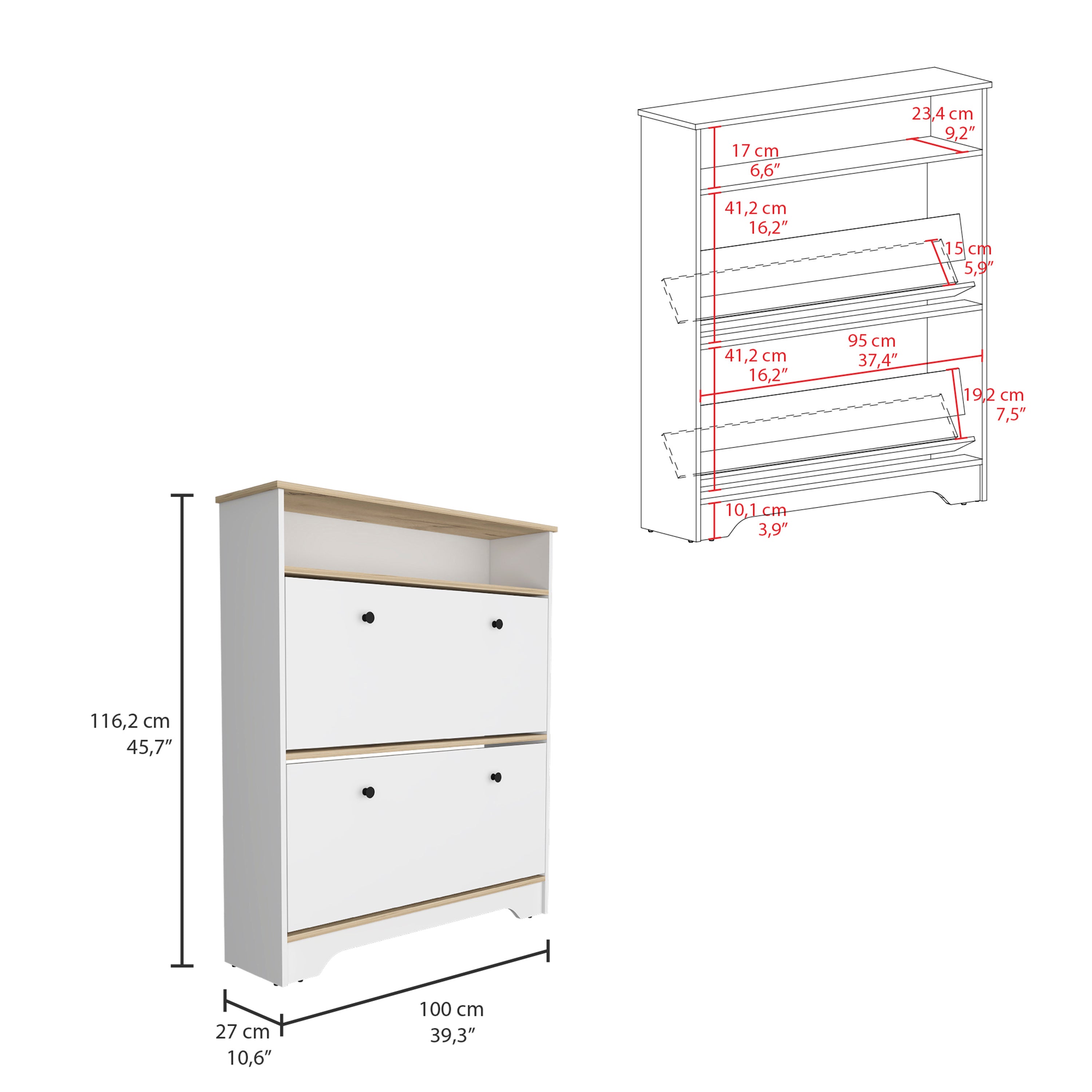 Calgary Shoe Rack, Superior Top, One Open Shelf, Two Extendable Shelves -Light Oak / White - Grand Goldman Shop