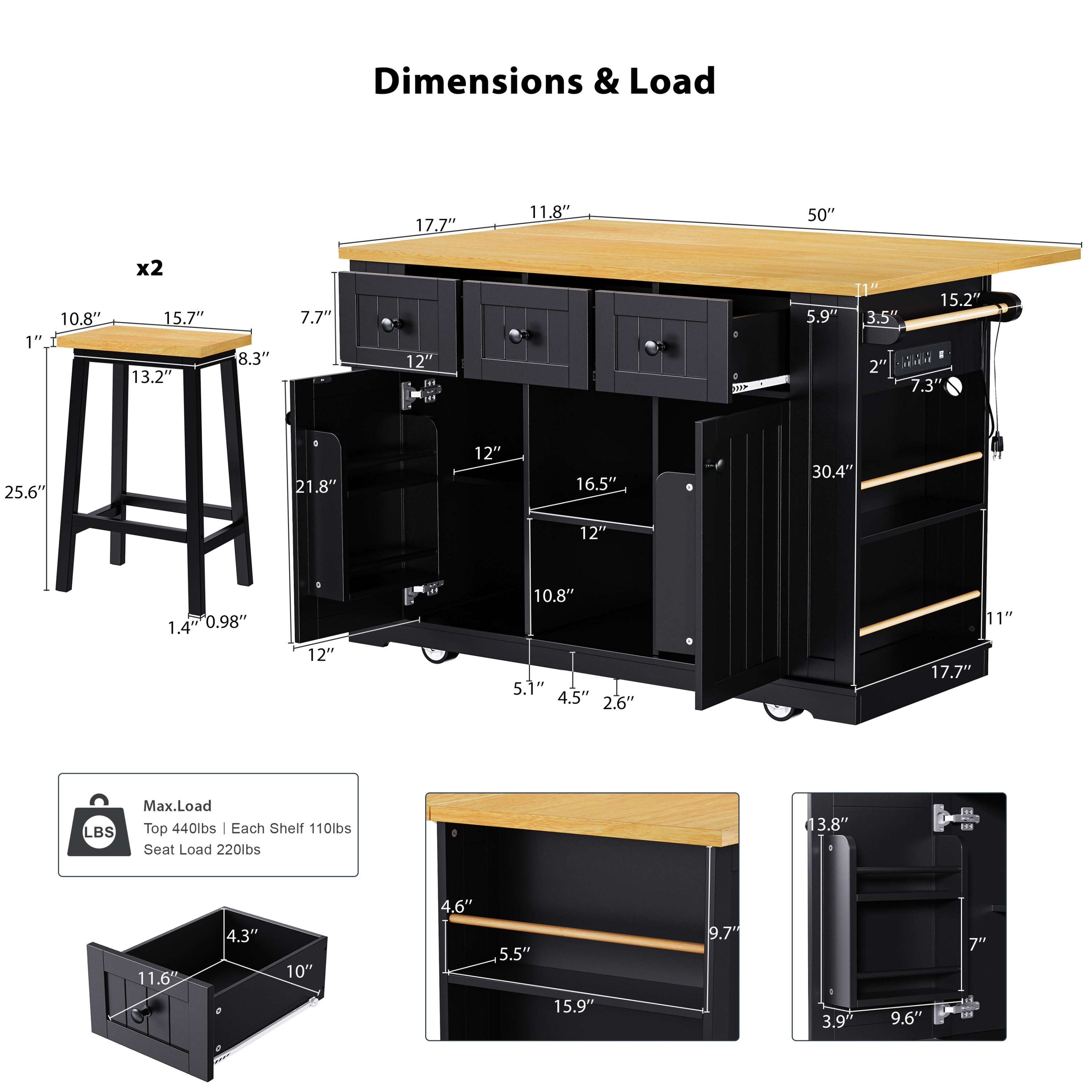 K&K 53inch Large Kitchen Island with 2 Bar Stools, Power Outlet,Door Internal Storage Rack, Kitchen Storage Cart on 5 Wheels with Drop Leaf, 5 Open Side Racks, 3 Drawers,Black (Three Packages) - Grand Goldman Shop