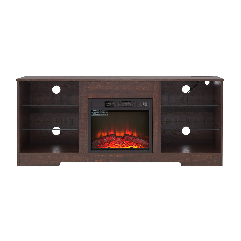 TV Stand Electric Fireplace TV Stand with Glass Shelves, 3D Fireplace TV Stand with LED Lights Wood with USB Charging Outlet Modern Television Table Center for TV up to 32-62' ESP 58''W*15.4''D*24.6 - Grand Goldman Shop