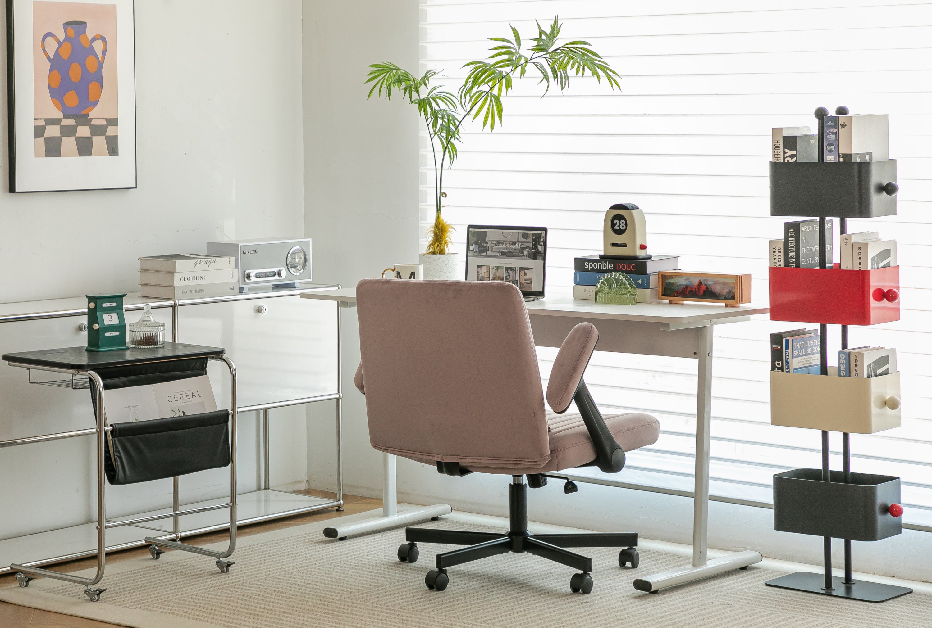 Pink Velvet Criss Cross Armrest Office Chair with Wheels - Comfortable for Home Office, Reading & Vanity - Grand Goldman