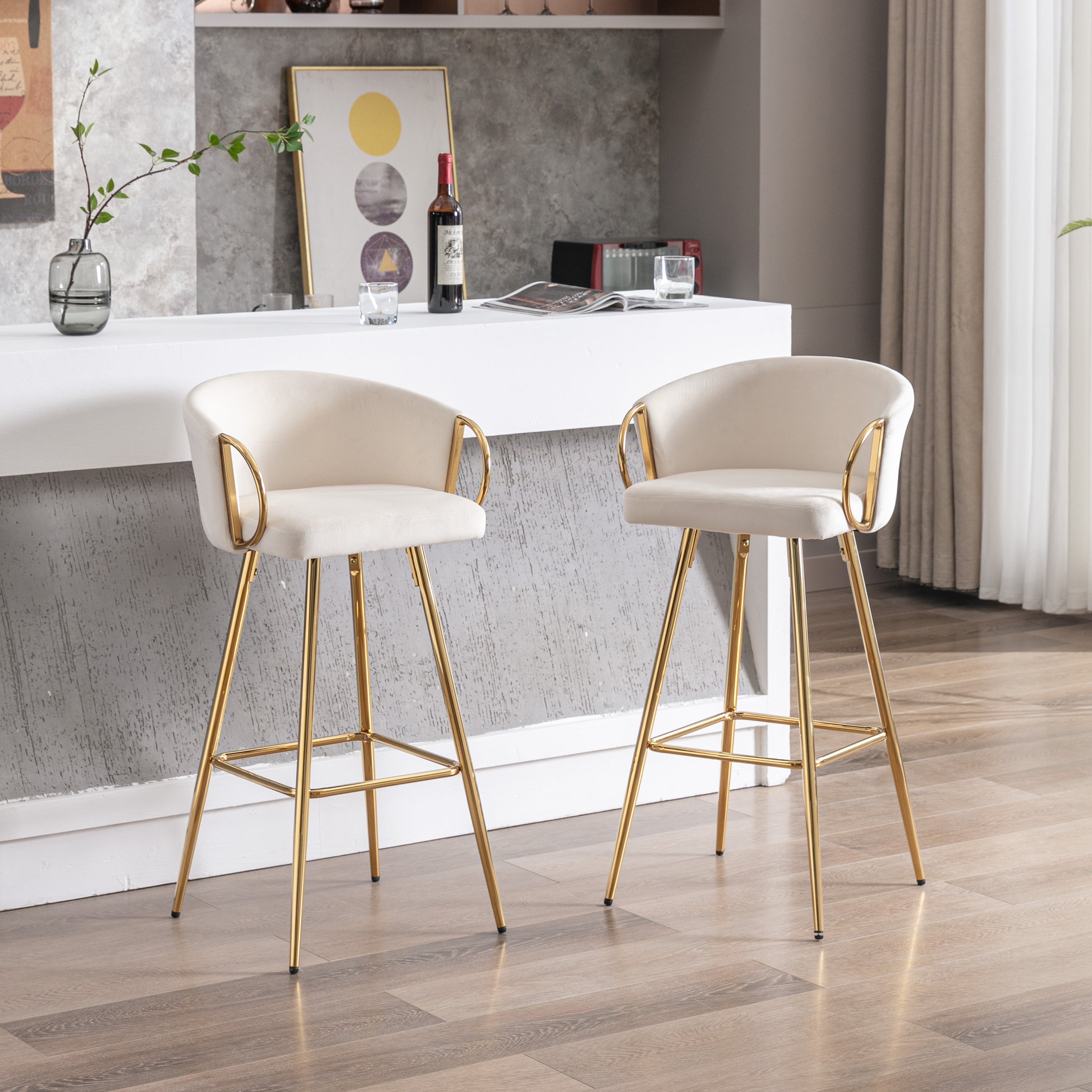 26 Inch Set of 2 Bar Stools,with Chrome Footrest and Base Velvet + Golden Leg Simple Bar Stoo,CREAM - Grand Goldman Shop