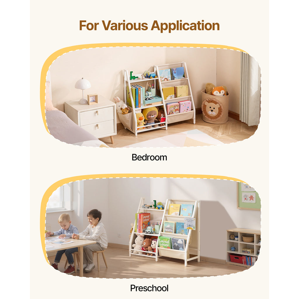 Stylish 3-Tier Kids Bookshelf, Toy Storage Organizer for Toddler, Book Shelf for Kids Rooms with Sling Book Rack and Storage 