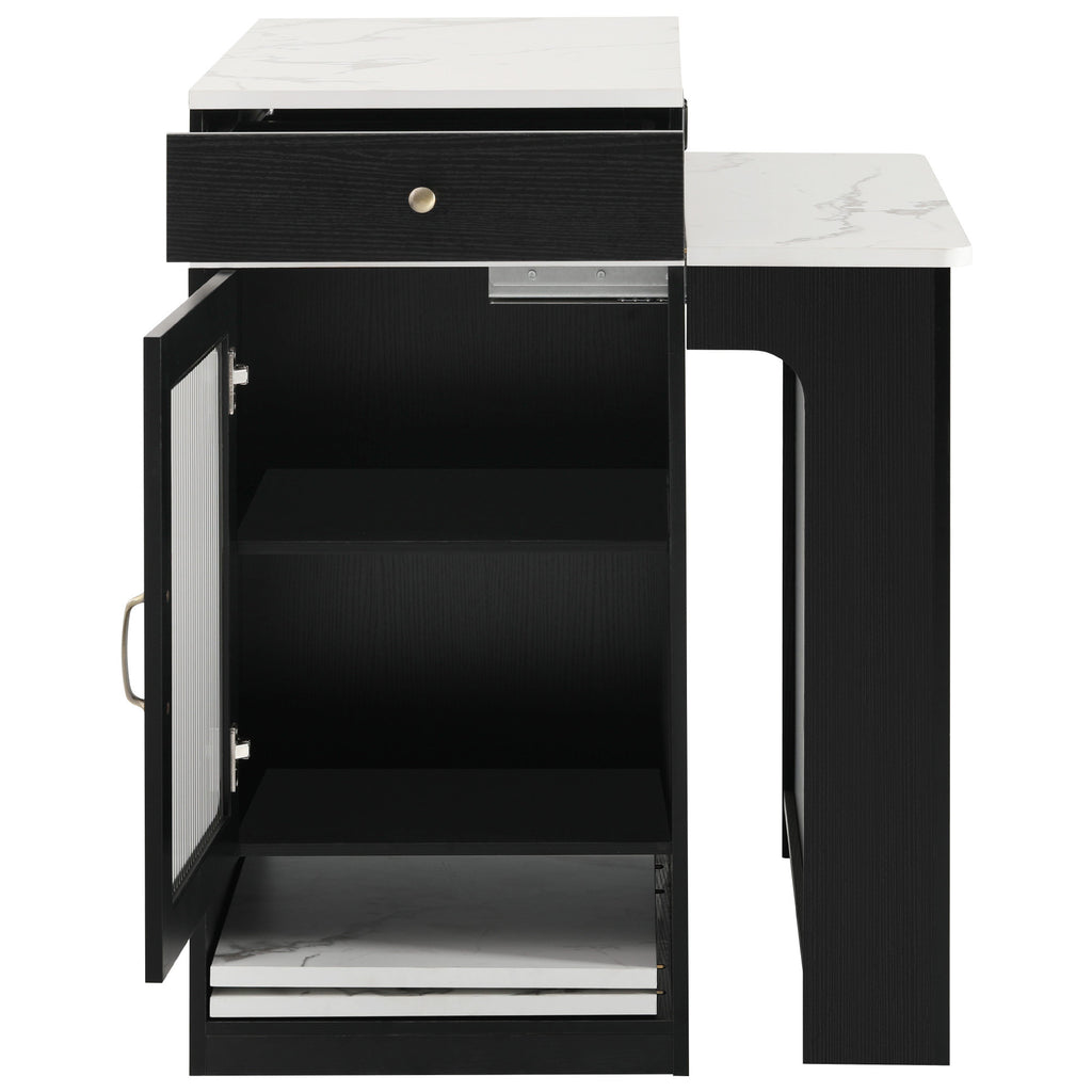 K&K 59.5' Kitchen Island with Extendable Dining Table, Kitchen Storage Table with Double-sided Storage, Kitchen Island with 2 Drawers, Power Outlet, Side Open Shelves, for Kitchen, Dining Room, Black - Grand Goldman Shop