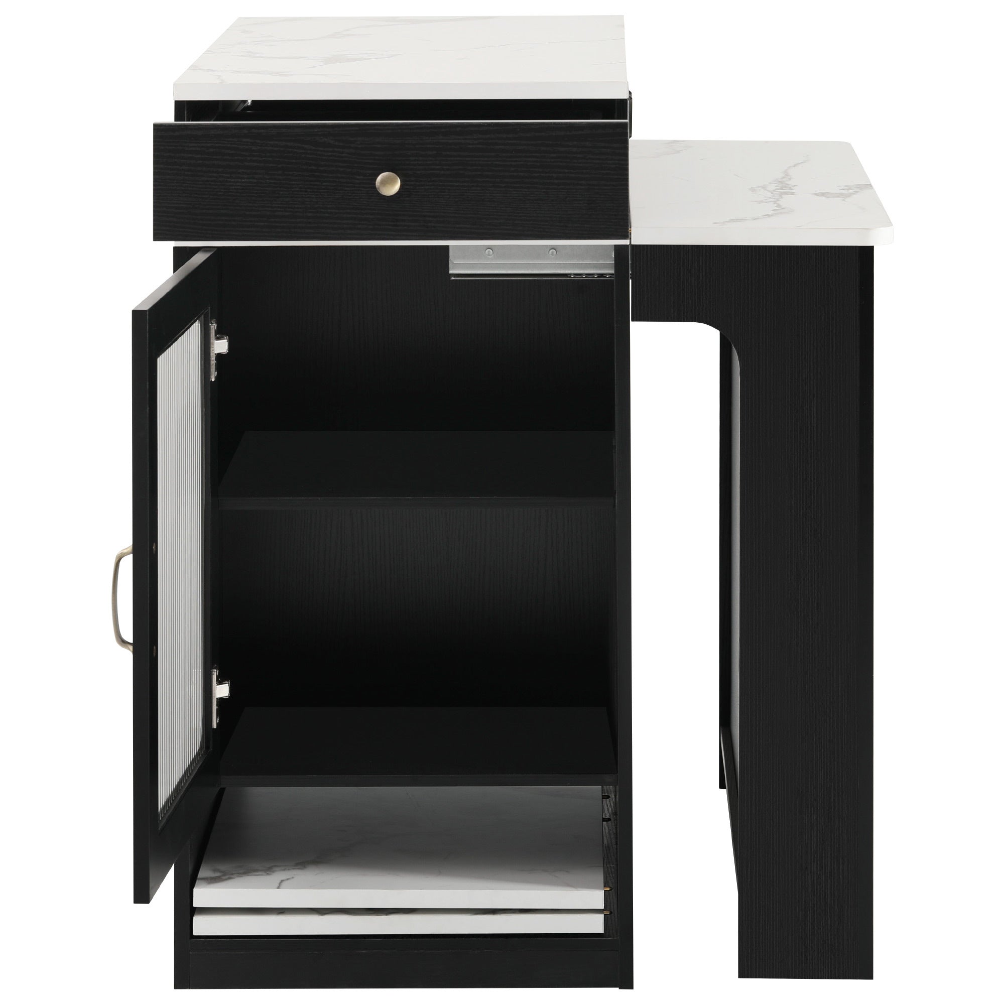 K&K 59.5' Kitchen Island with Extendable Dining Table, Kitchen Storage Table with Double-sided Storage, Kitchen Island with 2 Drawers, Power Outlet, Side Open Shelves, for Kitchen, Dining Room, Black - Grand Goldman Shop