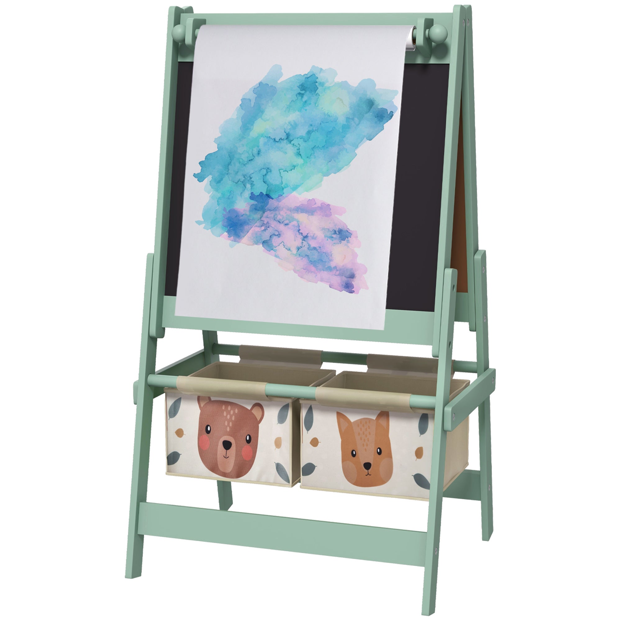 Qaba Art Easel for Kids with Paper Roll, 3 in 1 Toddler Painting Easel with Blackboard, Whiteboard, Storage Baskets, Green - 