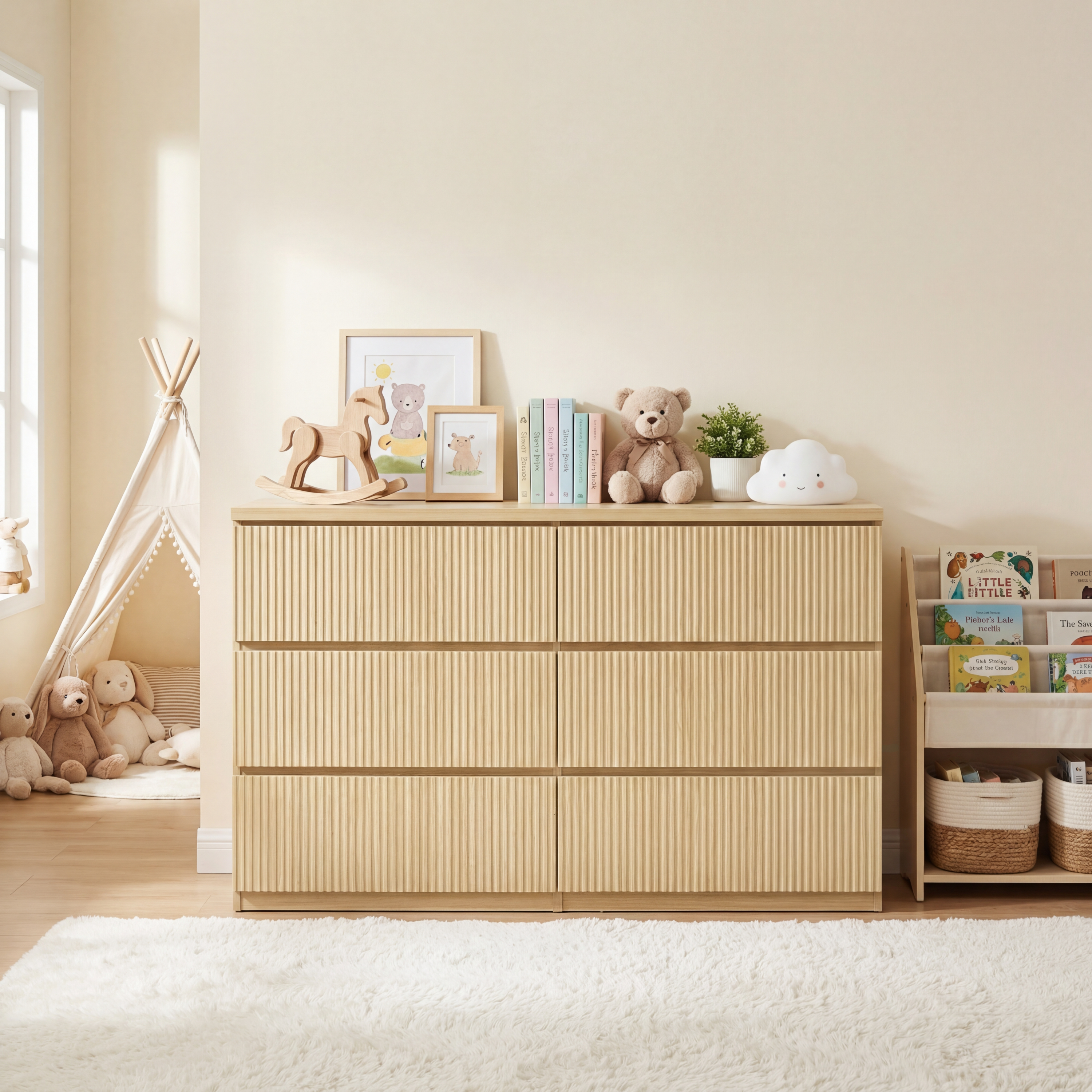 6 Drawer Storage Cabinet ,Dresser, Wood Storage Tower Clothes Organizer with Wavy drawer panel, Wide Chest of 6 Drawers, Large Storage Space for Bedroom, Hallway, Entryway Living Room Natural - Grand Goldman Shop