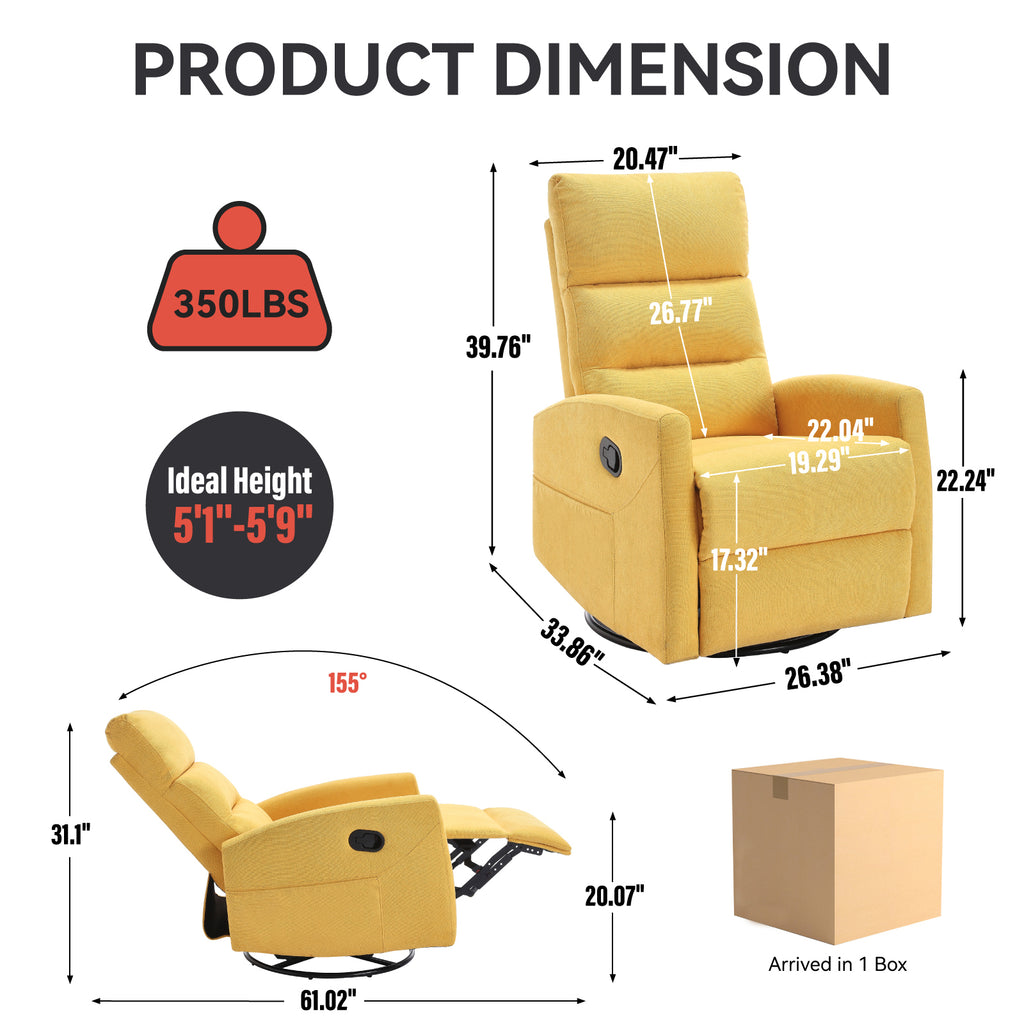 Manual Recliner Chair with Rocker and Swivel in Fabric for Living Room, Yellow - Grand Goldman Shop