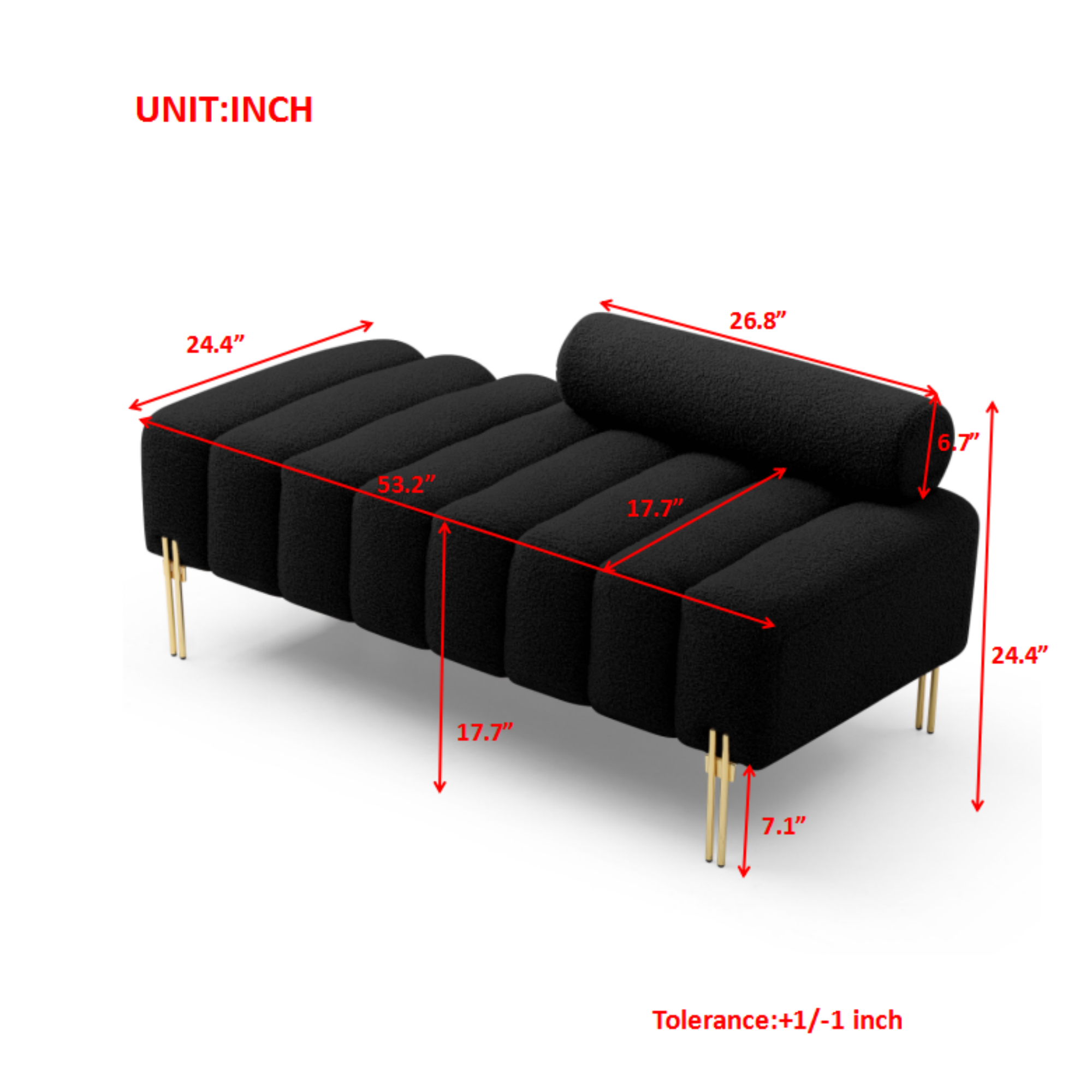 53.2' Width Modern End of Bed Bench Sherpa Fabric Upholstered 2 Seater Sofa Couch Entryway Ottoman Bench Fuzzy Sofa Stool Footrest Window Bench with Gold Metal Legs for Bedroom Living Room,Black - Grand Goldman Shop
