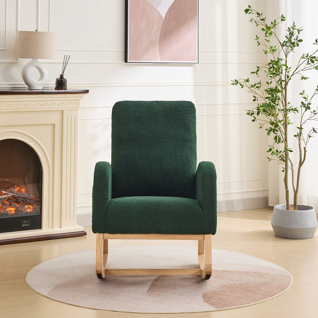 27.2'W Rocking Chair for Nursery, Sherpa Glider Chair with High Back and Side Pocket, Rocking Accent Armchair with Rubber Wood Legs for Living Room/Bedroom.Green - Grand Goldman Shop