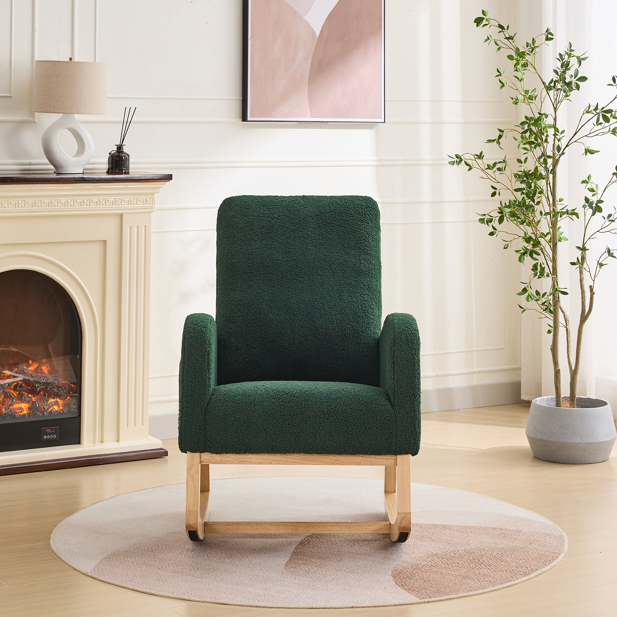 27.2'W Rocking Chair for Nursery, Sherpa Glider Chair with High Back and Side Pocket, Rocking Accent Armchair with Rubber Wood Legs for Living Room/Bedroom.Green - Grand Goldman Shop