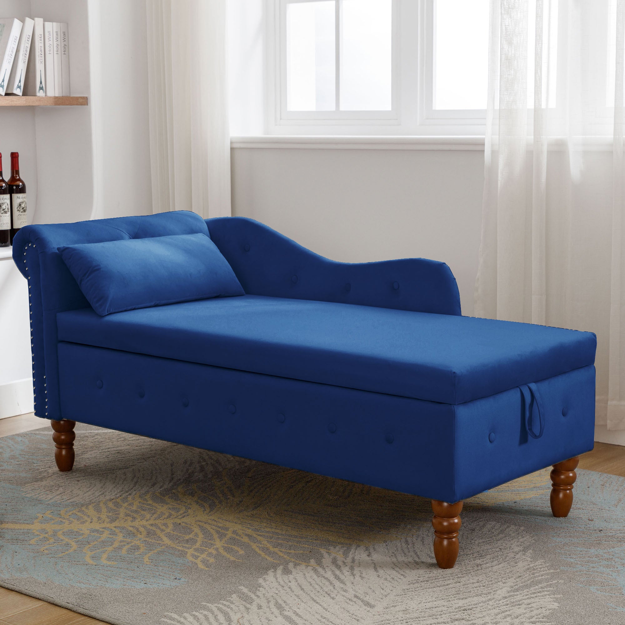 Navy Blue Chaise Lounge Indoor, Velvet Lounge Chair for Bedroom with Storage & Pillow, Modern Upholstered Rolled Arm Chase Lounge for Sleeping with Nailhead Trim for Living Room Bedroom Office - Grand Goldman Shop