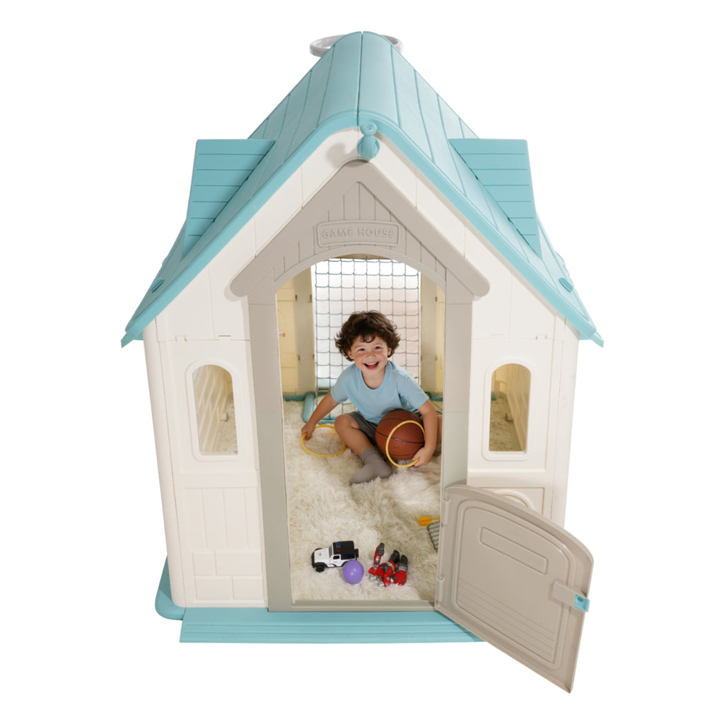 Outdoor Playhouse, 5-In-1 Cottage Play House with Pretend Play, Basketball, Darts, Soccer, Ring Toss, Window & Convenient Doo