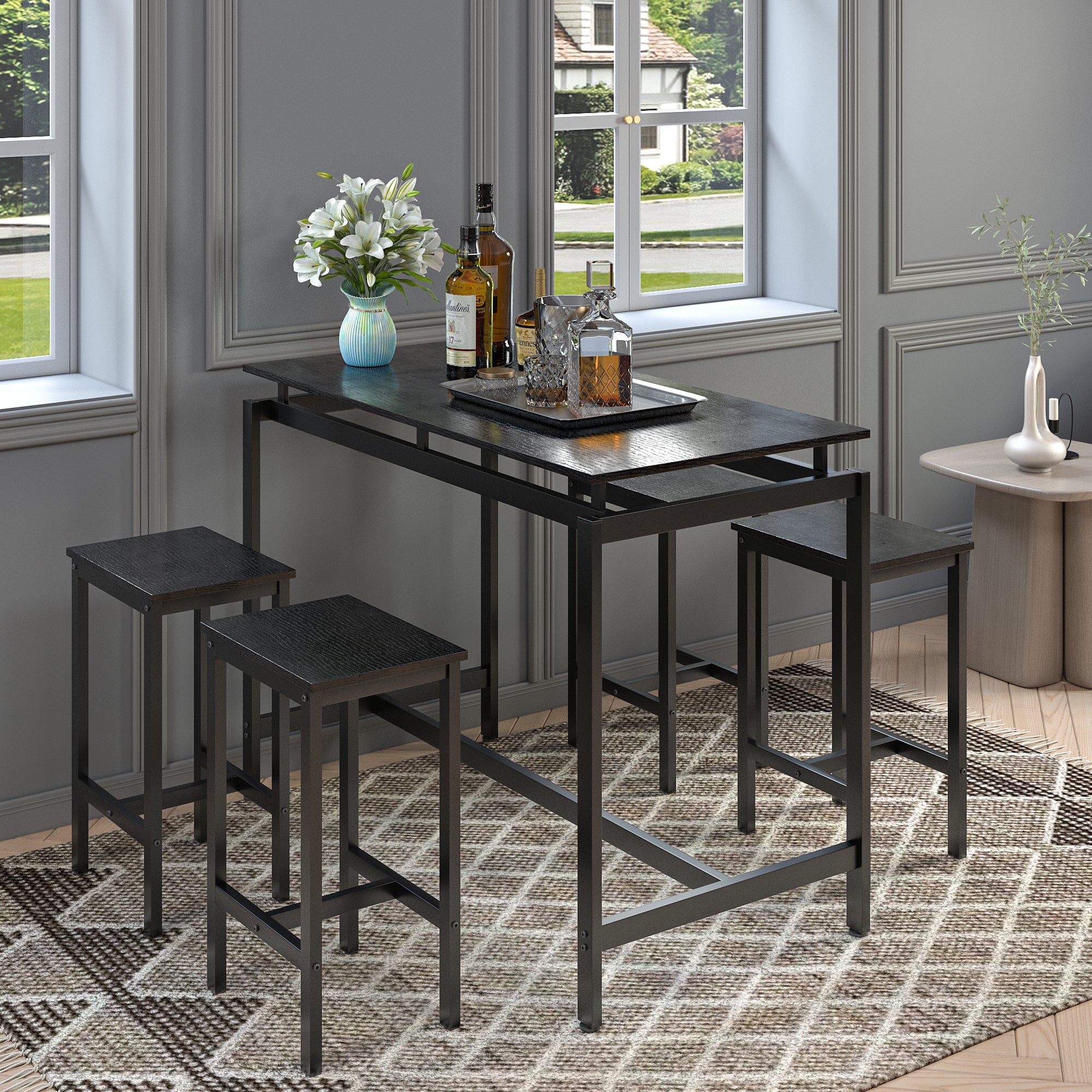 5 Pieces Dining Table Set for 4,Black Bar Table Set with 4 Bar Stools Counter Height Bar Table and Chairs Set. Pub Table Set Breakfast Table for Kitchen, Small Space - Grand Goldman Shop