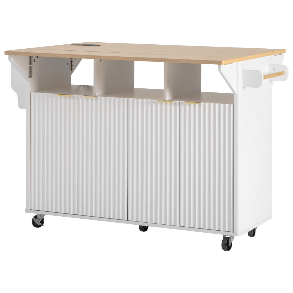 K&K 55.5' Fluted Kitchen Island with 2 Drop Leaf, Kitchen Storage Cart with Power Outlet, 4 Doors, Spice rack, Rolling Island Table with Wood-grain Top, Curved Edge for Kitchen, Dining Room,White - Grand Goldman Shop