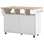 K&K 55.5' Fluted Kitchen Island with 2 Drop Leaf, Kitchen Storage Cart with Power Outlet, 4 Doors, Spice rack, Rolling Island Table with Wood-grain Top, Curved Edge for Kitchen, Dining Room,White - Grand Goldman Shop