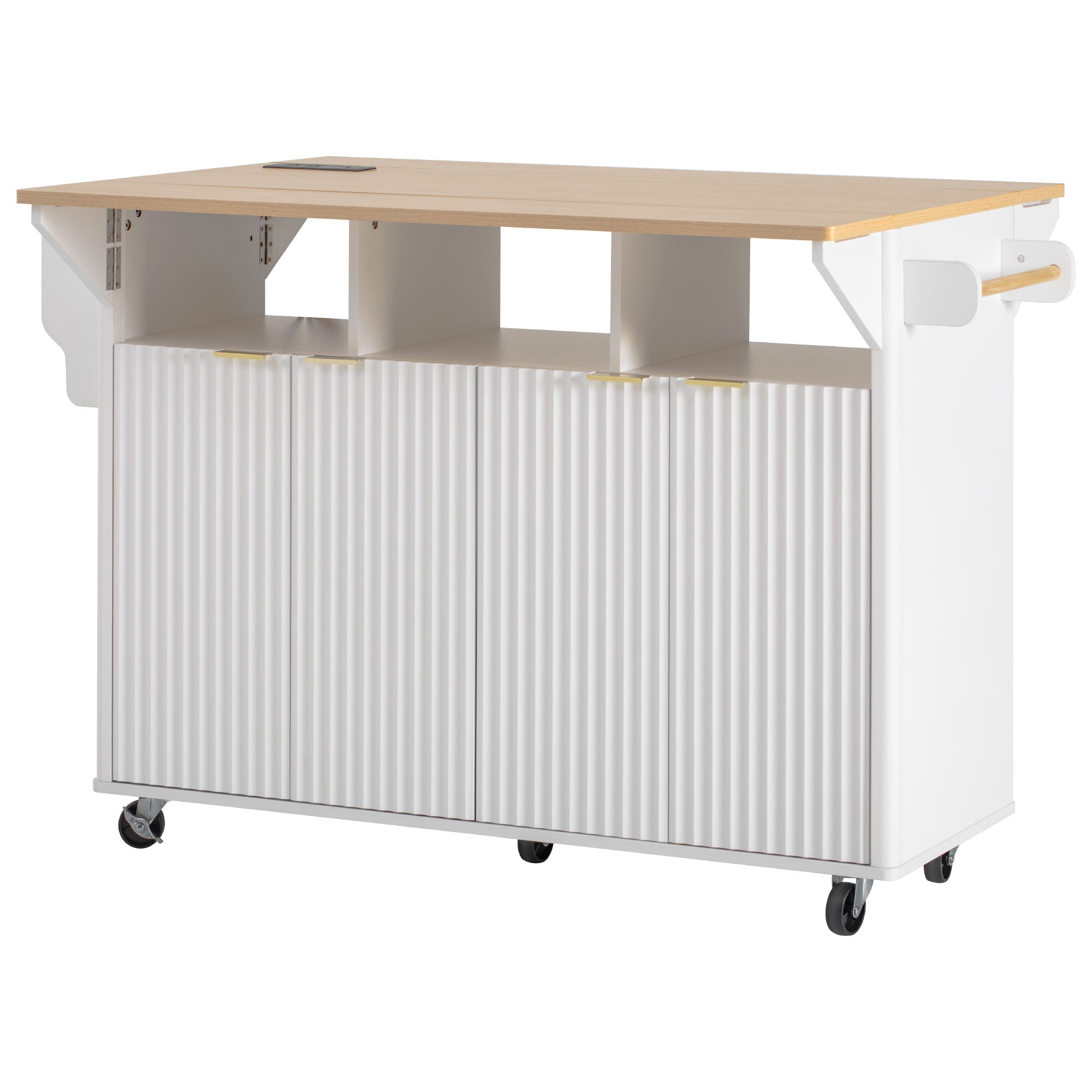K&K 55.5' Fluted Kitchen Island with 2 Drop Leaf, Kitchen Storage Cart with Power Outlet, 4 Doors, Spice rack, Rolling Island Table with Wood-grain Top, Curved Edge for Kitchen, Dining Room,White - Grand Goldman Shop