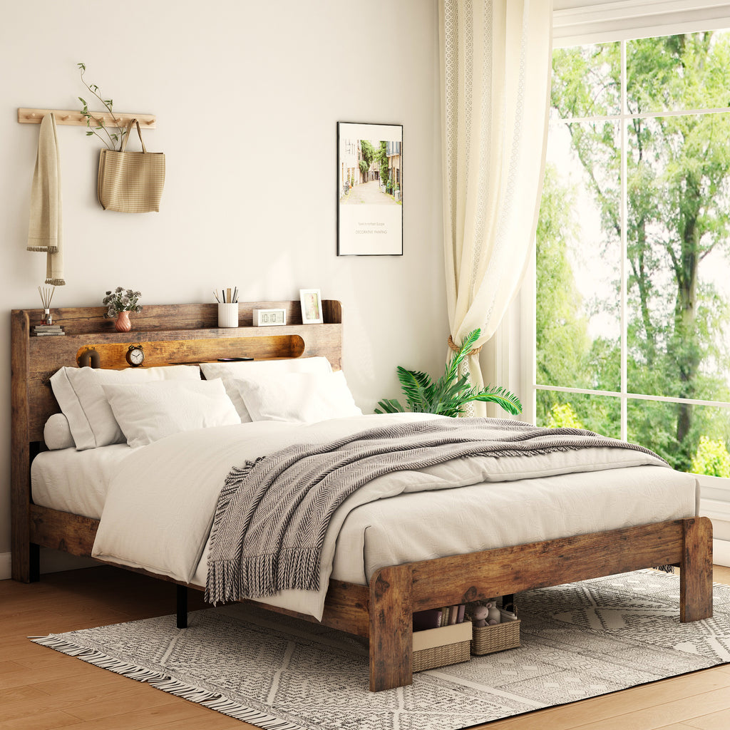 Bed Frame Queen Size, Wood Platform Bed Frame with Storage LED Light Headboard and 2 USB , Noise Free,No Box Spring Needed and Easy Assembly Tool,Large Under Bed Storage,Dark Brown - Grand Goldman Shop