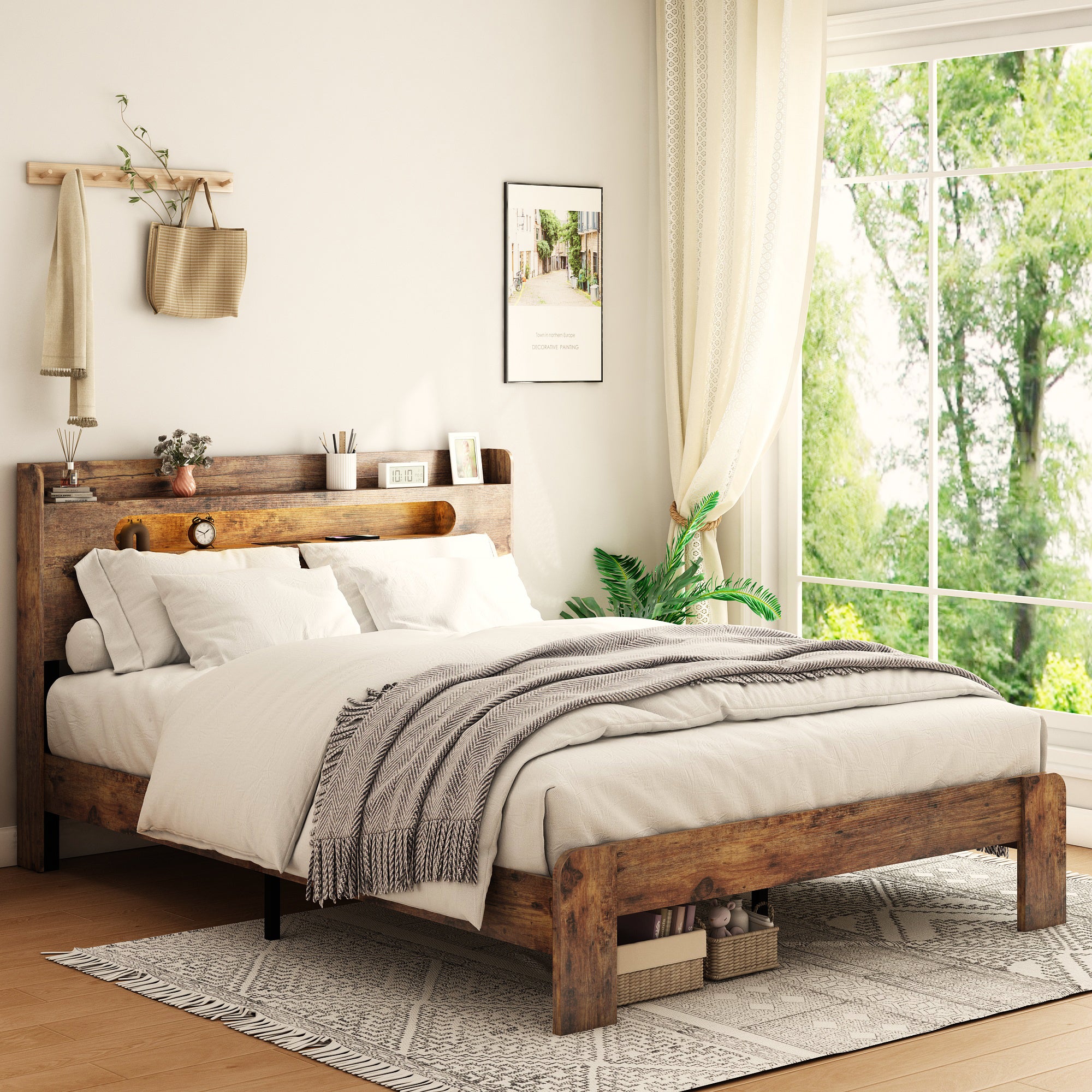 Bed Frame Queen Size, Wood Platform Bed Frame with Storage LED Light Headboard and 2 USB , Noise Free,No Box Spring Needed and Easy Assembly Tool,Large Under Bed Storage,Dark Brown - Grand Goldman Shop