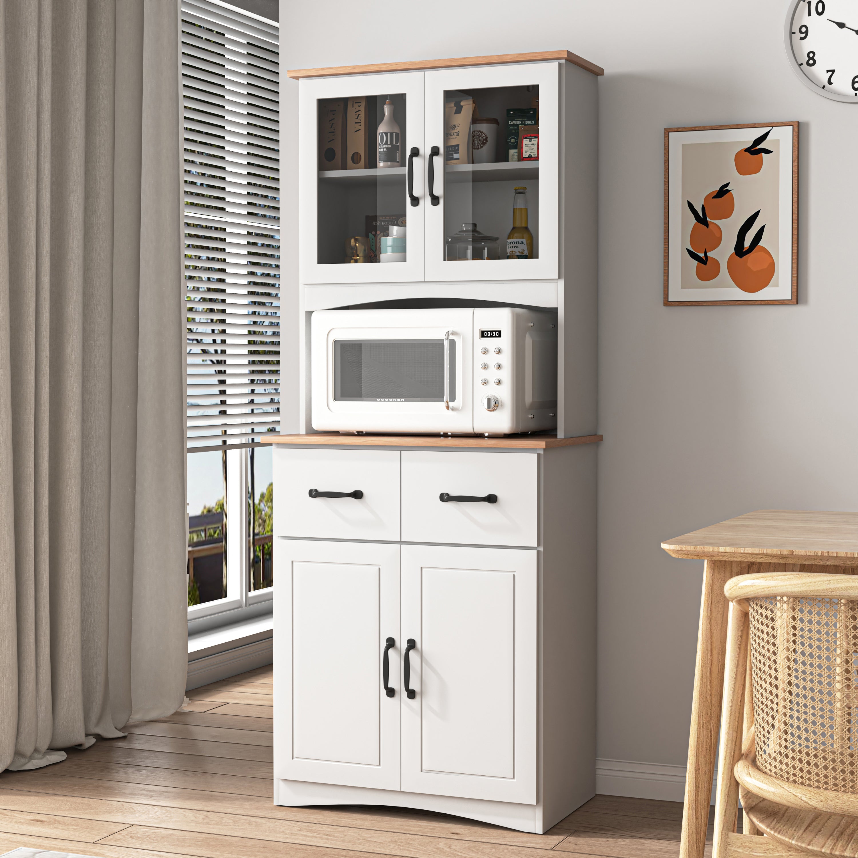 Wooden Kitchen Cabinet White Pantry Room Storage Microwave Cabinet with Framed Glass Doors and Drawer - Grand Goldman Shop