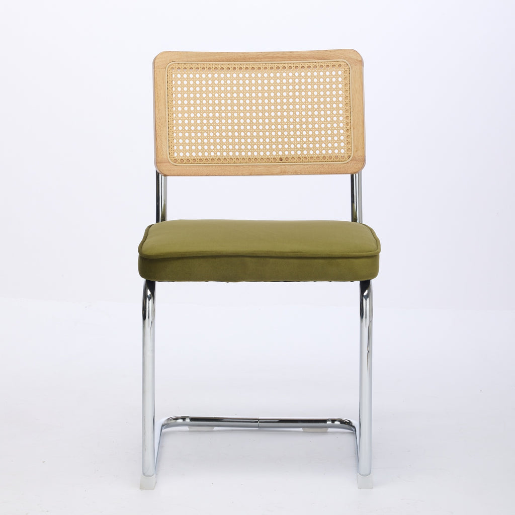 Mid Century Modern Dining Chairs Set of 2, Velvet Accent Chairs with Natural Cane Back & Stainless Chrome Base, Famous Breuer Designed Chairs, Upholstered Rattan Kitchen Chairs,Olive-Green - Grand Goldman Shop