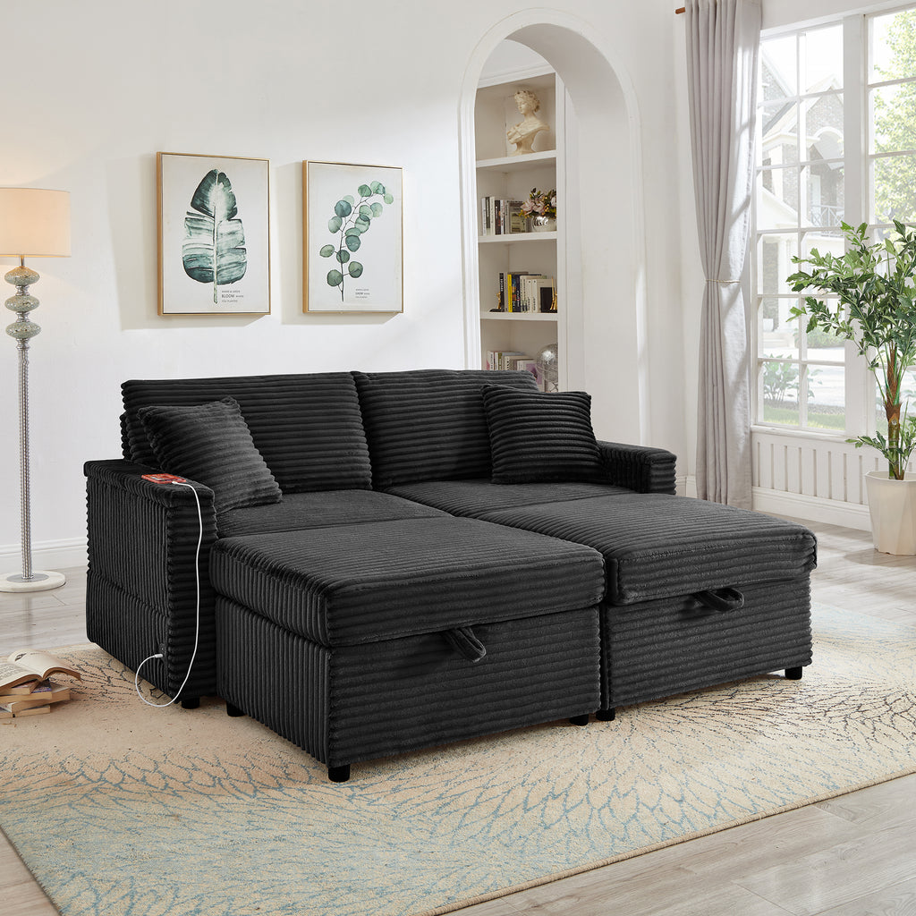 Comfortable Fluffy Corduroy Lazy Sofa, Storage Space for Big Loveseat, Super Soft Chaise Lounge with Double Ottomans and Table Board,Suitable for Chailiving - Grand Goldman Shop