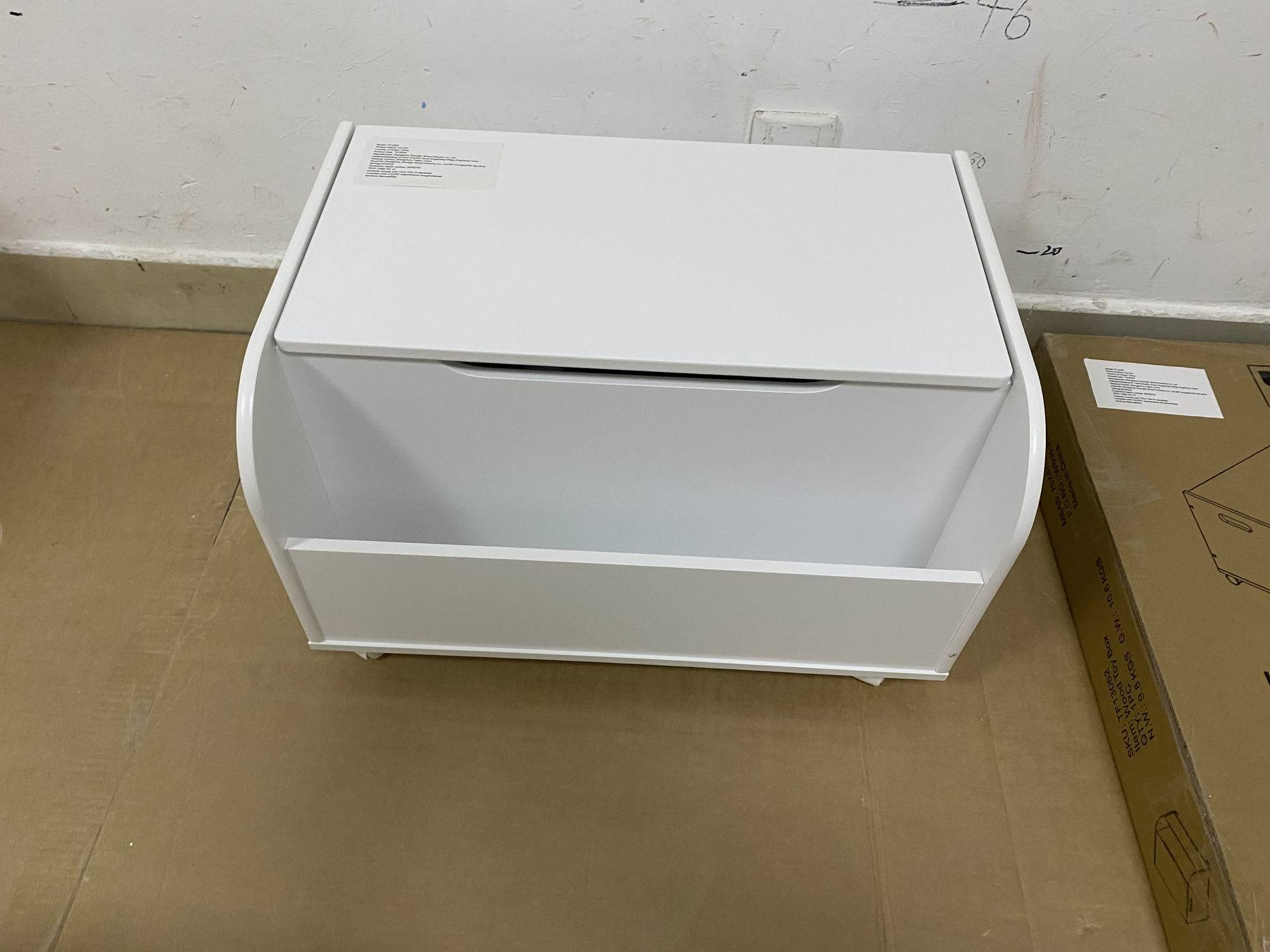 White Wooden Toy Box with 4 Universal Wheels, Kids Playroom Storage Organizer with Front Bookshelf, Flip-Top Lid, Safety Hing