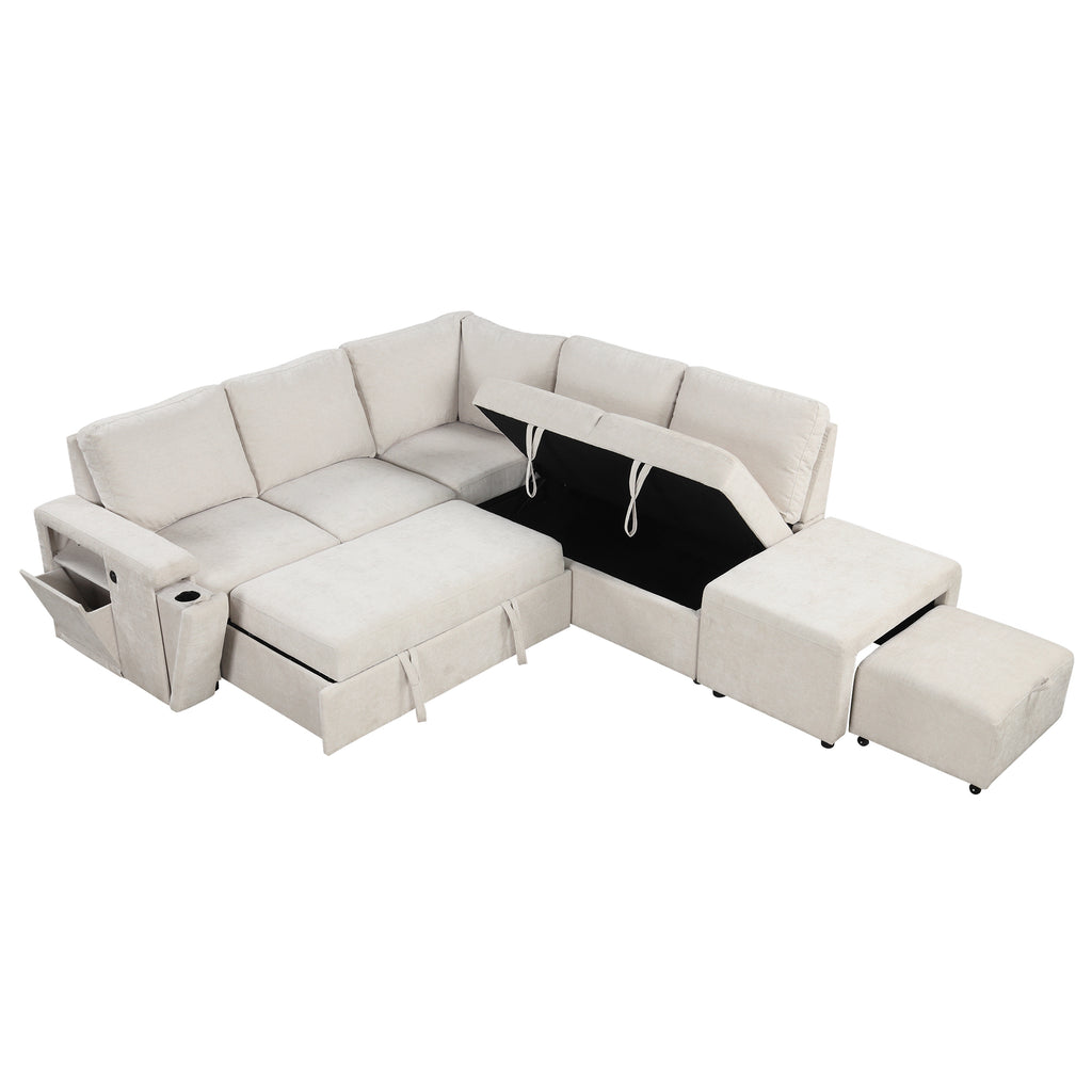 U_STYLE L-shaped Pull-Out Sofa Bed with Storage, USB Ports, and Cup Holders, Modular Design for Living Rooms, Offices & Apartments - Grand Goldman Shop