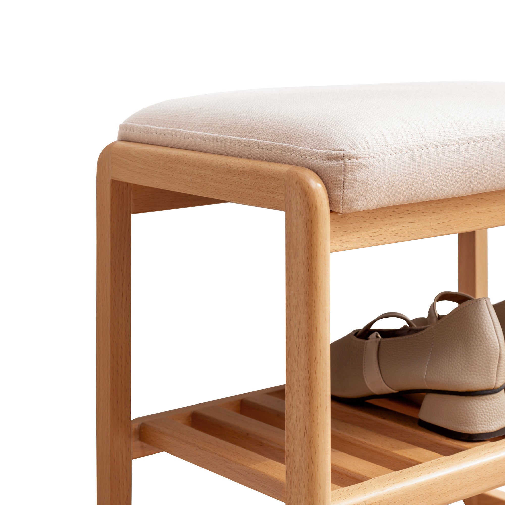 Natural Solid Wood Shoe Bench with Beech Wood Storage Rack Organizer and High Rebound Sponge Cushion in Beige - Grand Goldman Shop
