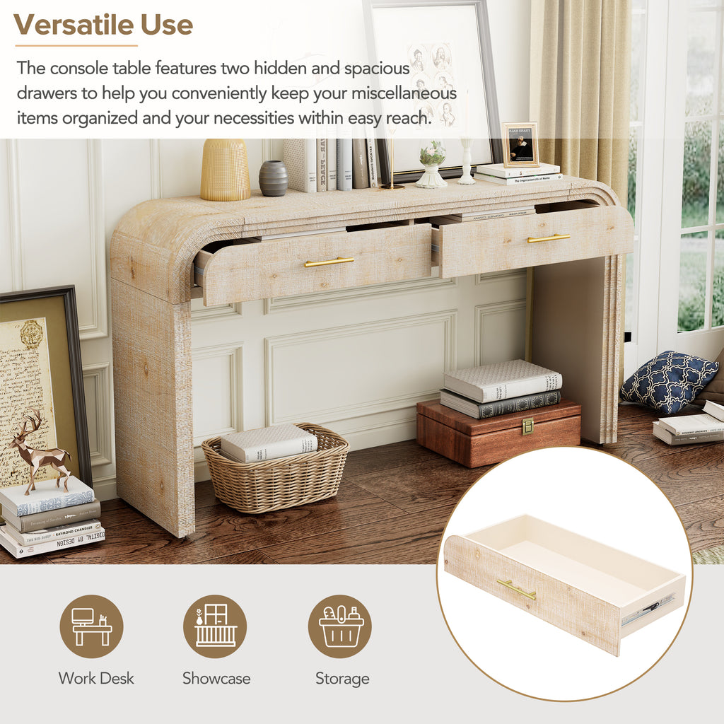 TREXM Unique Retro Silhouette Console Table with Open Style, Two Top Drawers for Entrance, Dinning Room, Living Room (Natural Wood Wash) - Grand Goldman Shop