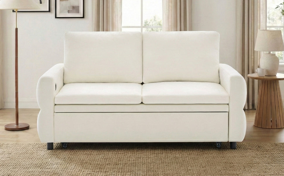 Convertible Sofa Bed 62.75' Loveseat with Adjustable Backrest and USB Ports in Beige Chenille Fabric - Grand Goldman Shop