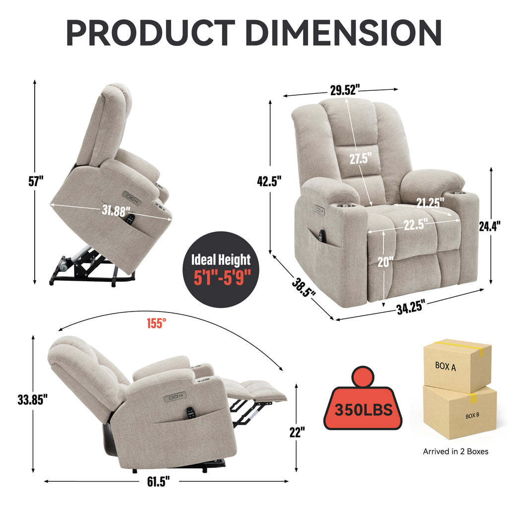 Power Lift Recliner Chair with Massage and Heat for Elderly, Overstuffed Wide Recliners, Heavy Duty Motion Mechanism with USB and Type C Ports, 2 Steel Cup Holders, Beige - Grand Goldman Shop