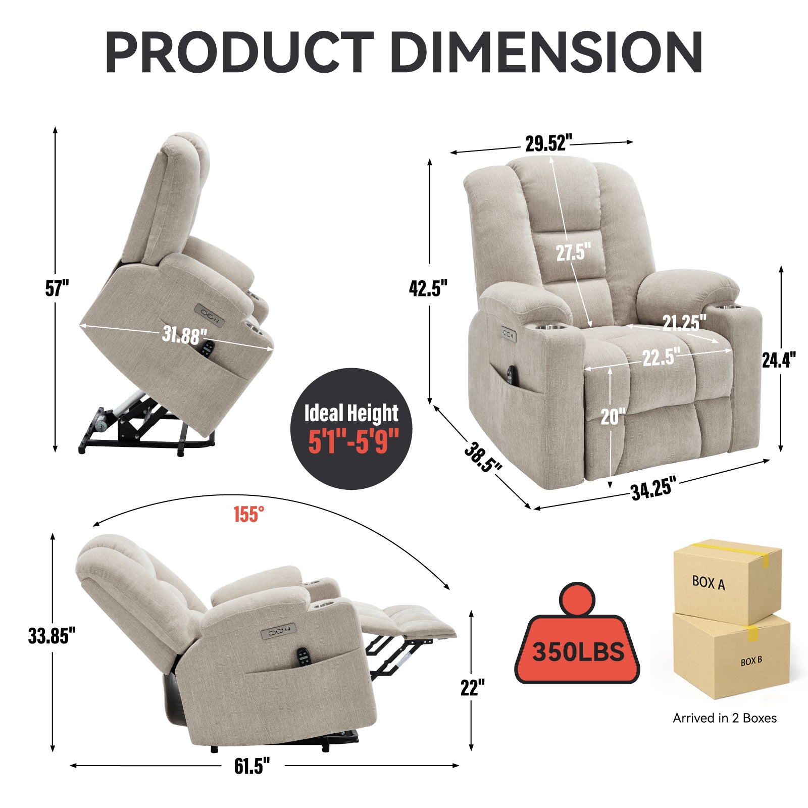Power Lift Recliner Chair with Massage and Heat for Elderly, Overstuffed Wide Recliners, Heavy Duty Motion Mechanism with USB and Type C Ports, 2 Steel Cup Holders, Beige - Grand Goldman Shop