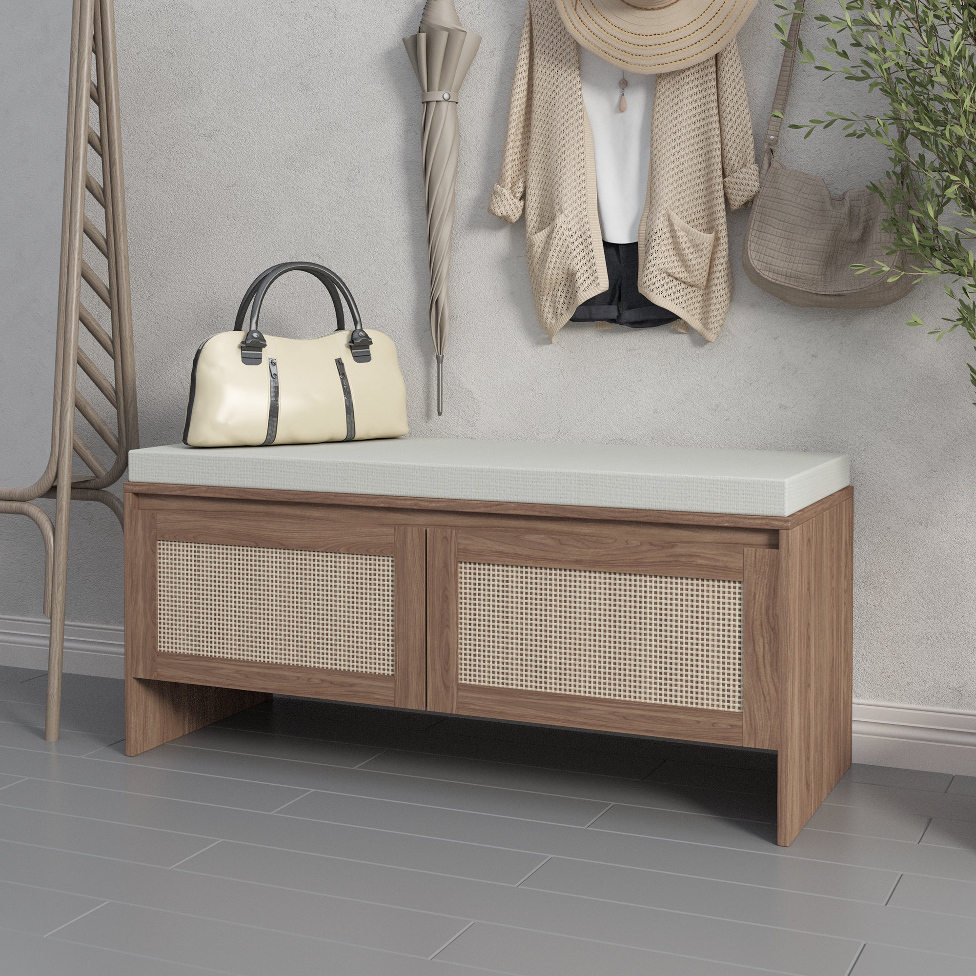 Mid-Century Modern PP Rattan Storage Bench with Cushion, Faux Rattan Shoe Cabinet with 2 Doors, Natural Finish, Wood and Rattan Construction, 39.4 x 15.75 x 17.72 inches - Grand Goldman Shop