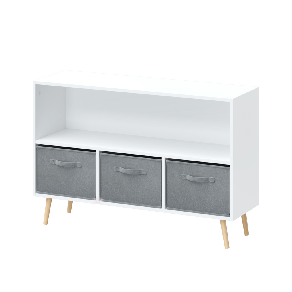 Kids Bookcase with Collapsible Fabric Drawers, Children's Book Display, Toy Storage Cabinet Organizer, White/Gray, MDF+Pine -