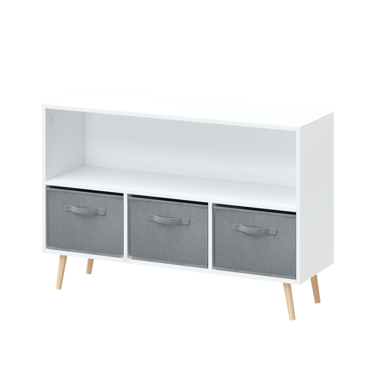 Kids Bookcase with Collapsible Fabric Drawers, Children's Book Display, Toy Storage Cabinet Organizer, White/Gray, MDF+Pine -