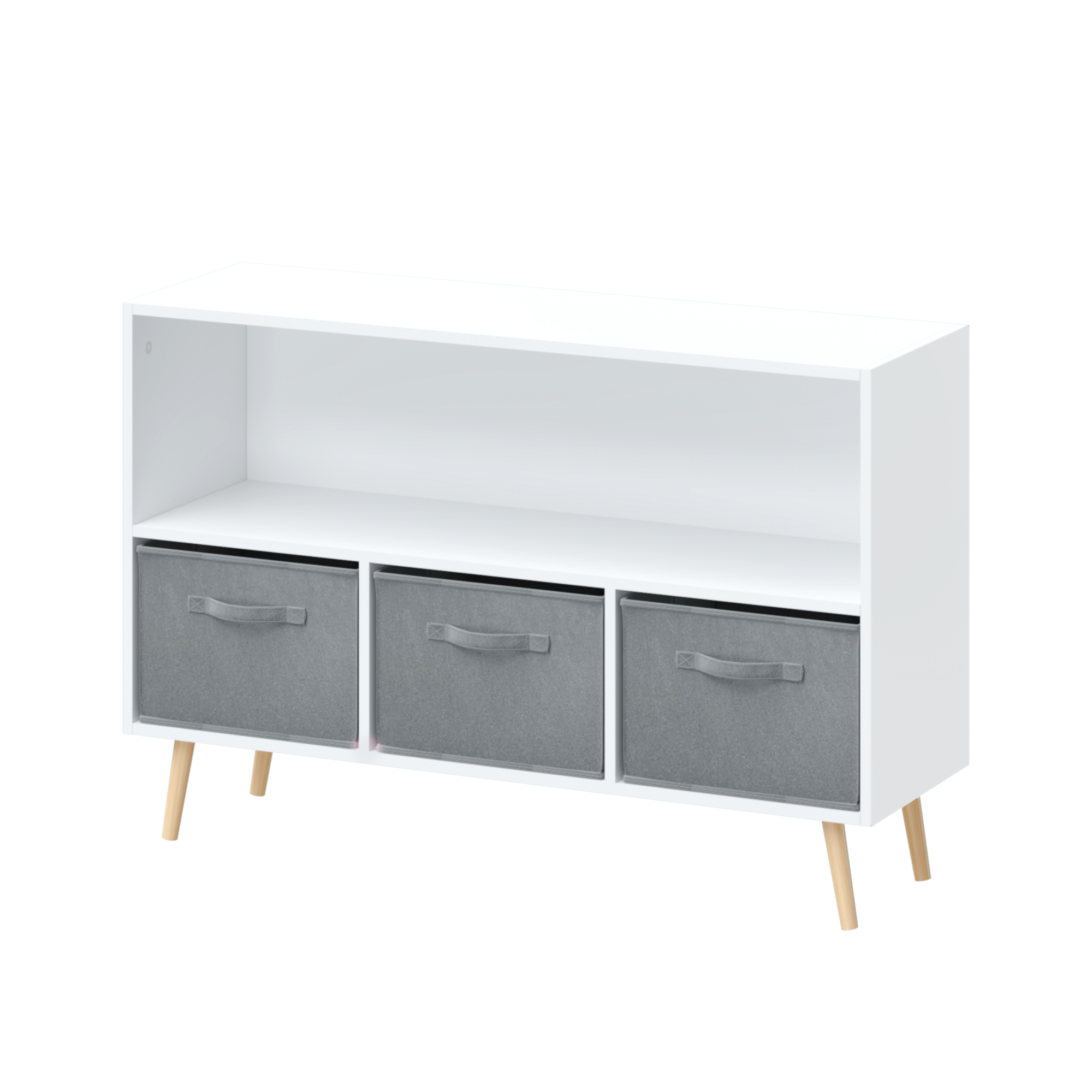 Kids Bookcase with Collapsible Fabric Drawers, Children's Book Display, Toy Storage Cabinet Organizer, White/Gray, MDF+Pine -