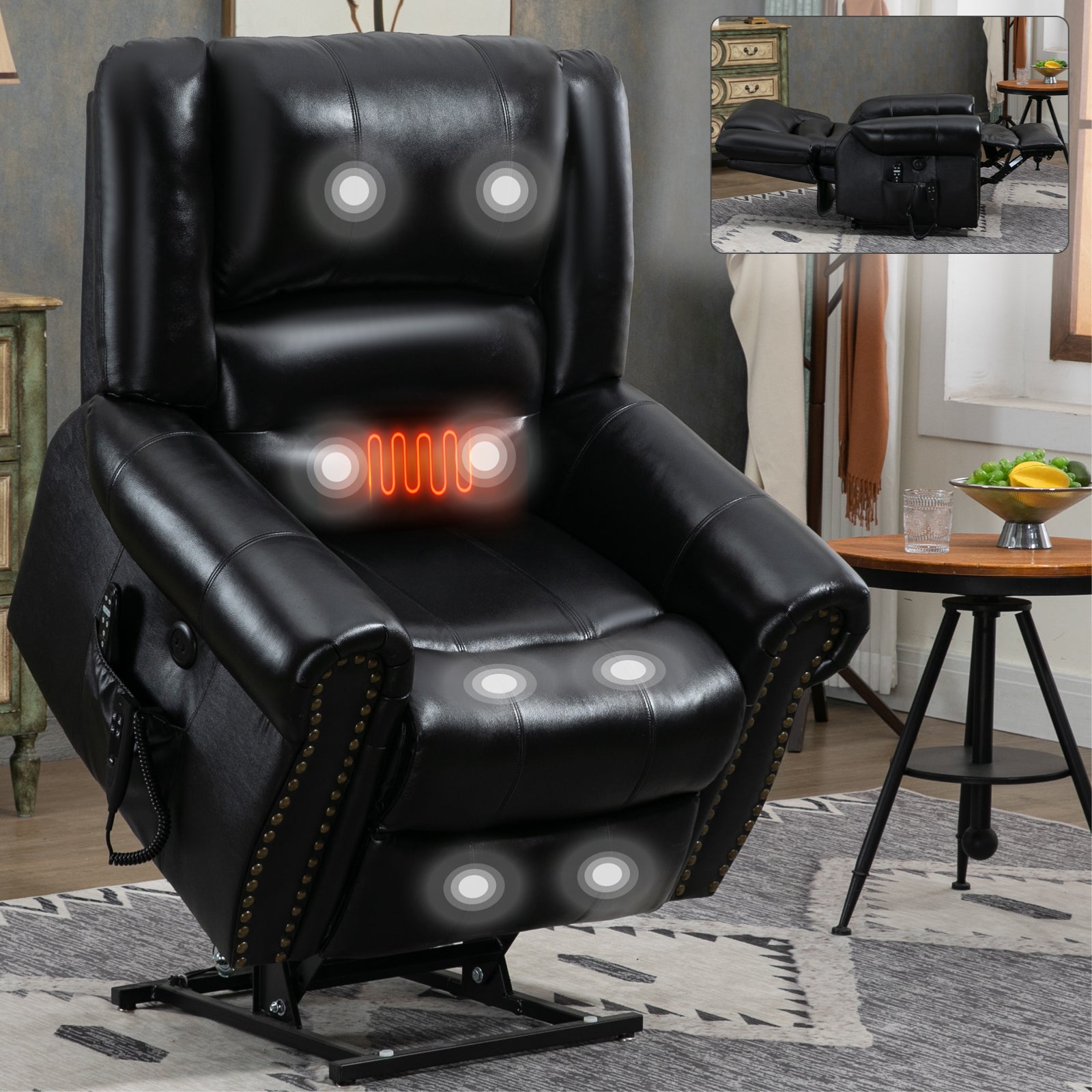 Power Lift Recliner Chair Heat Massage Dual Motor Infinite Position Up to 350 LBS, Genuine Leather, Heavy Duty Motion Mechanism with USB Ports, Black - Grand Goldman Shop