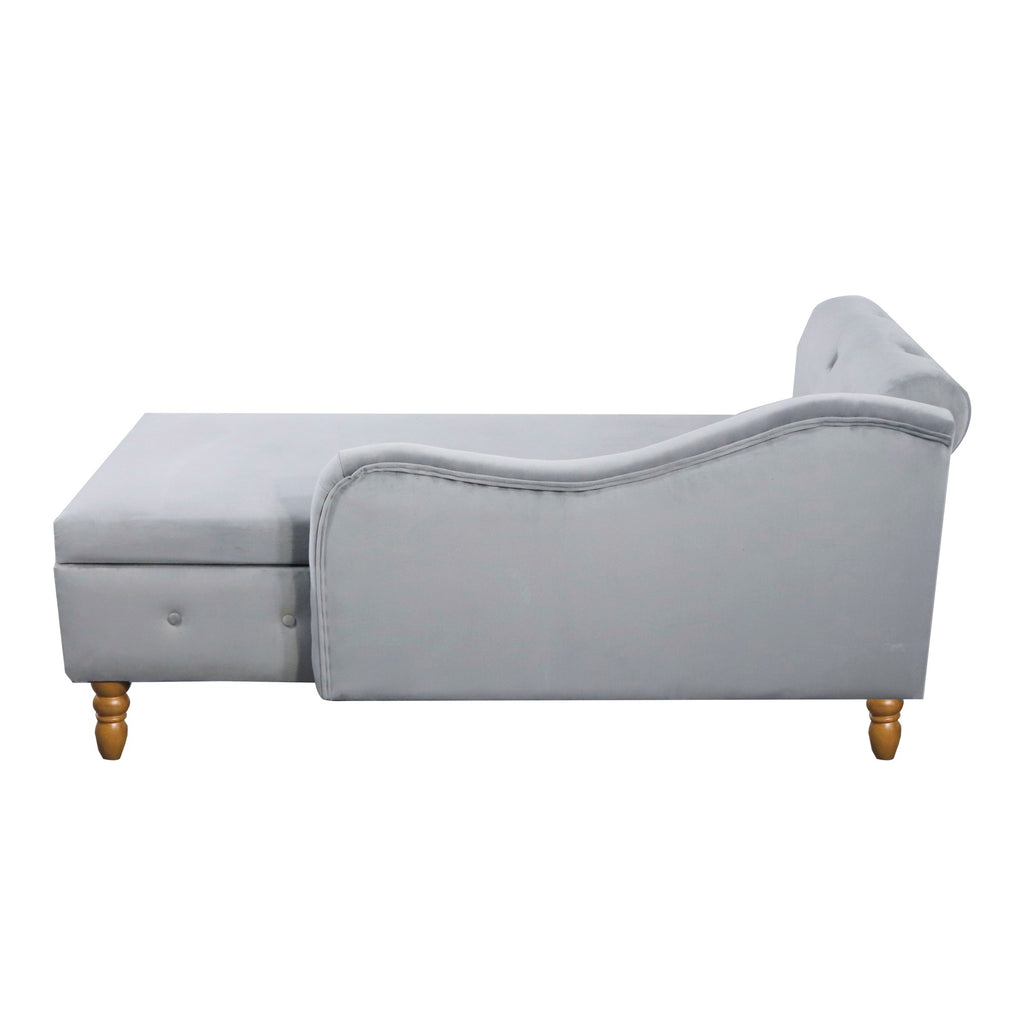 Grey Chaise Lounge Indoor, Velvet Lounge Chair for Bedroom with Storage & Pillow, Modern Upholstered Rolled Arm Chase Lounge for Sleeping with Nailhead Trim for Living Room Bedroom Office - Grand Goldman Shop