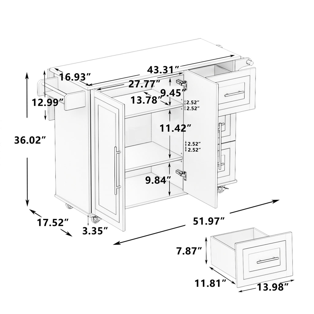 White Kitchen Island Cart with 2 Door Cabinet, 3 Drawers, Spice Rack & Towel Rack, Solid Wood Top, 43.31 Inch Width - Grand Goldman Shop