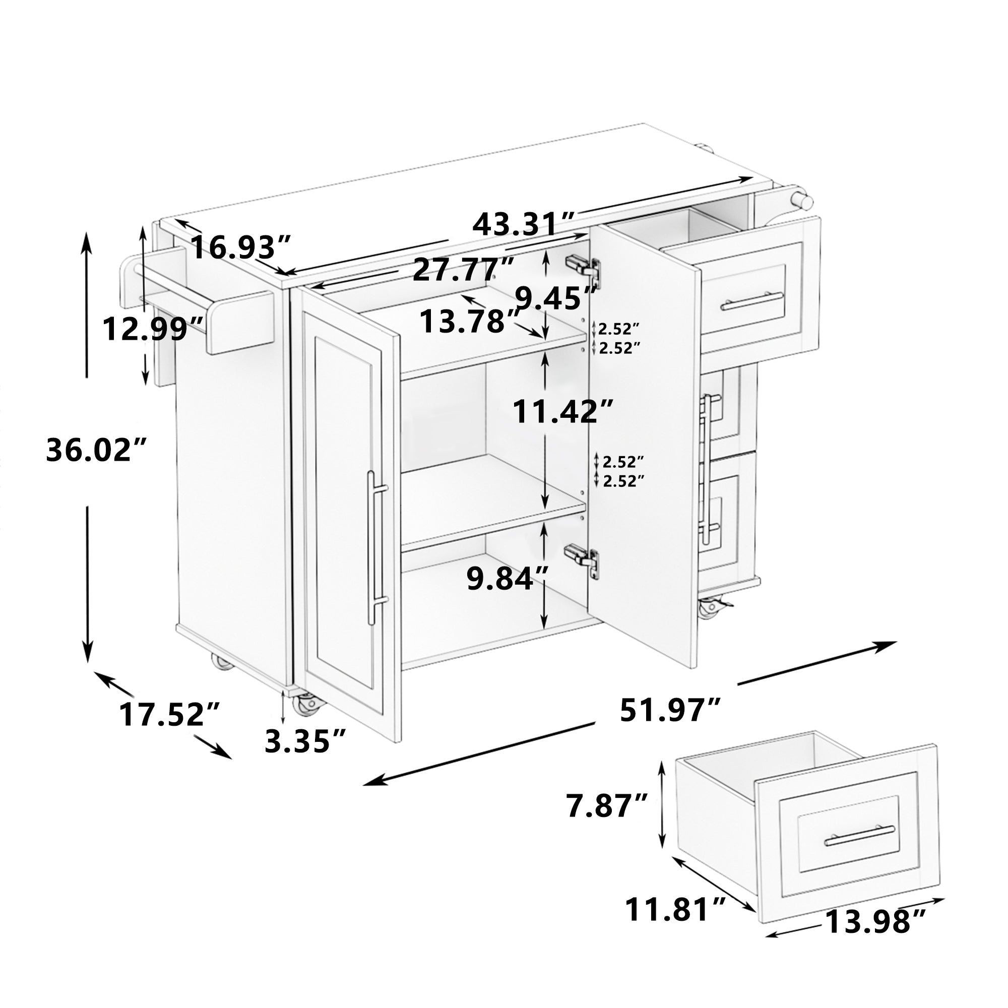 White Kitchen Island Cart with 2 Door Cabinet, 3 Drawers, Spice Rack & Towel Rack, Solid Wood Top, 43.31 Inch Width - Grand Goldman Shop