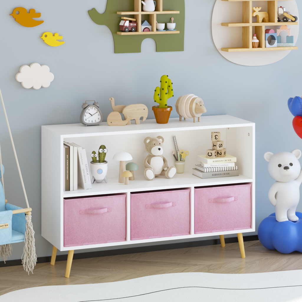Modern Kids Bookcase with Collapsible Fabric Drawers, Children's Book Display & Toy Storage, White/Pink MDF & Pine Legs | Pre