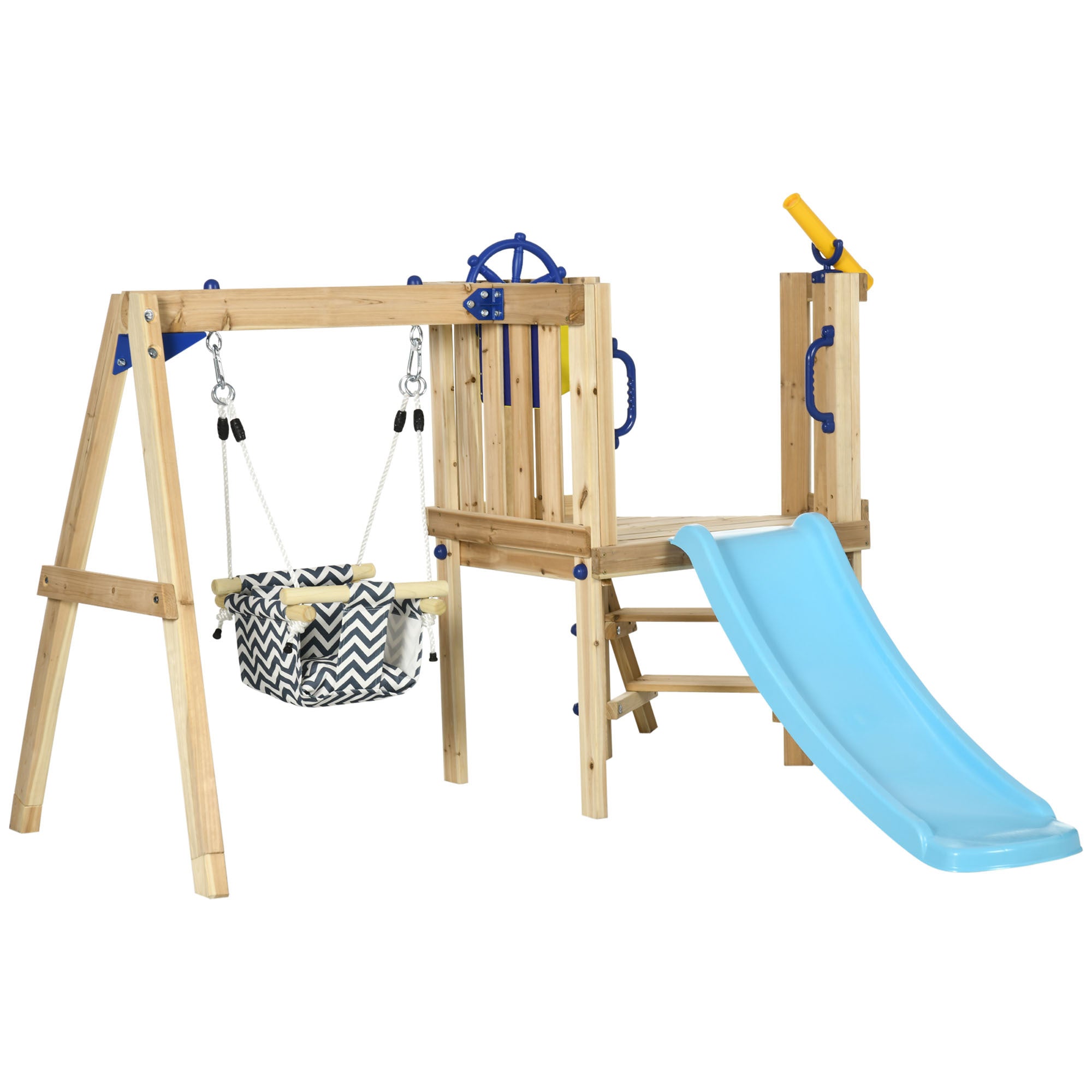 Outsunny 3 in 1 Wooden Swing Set Outdoor Playset with Baby Swing Seat, Toddler Slide, Captain's Wheel, Telescope, Kids Backya
